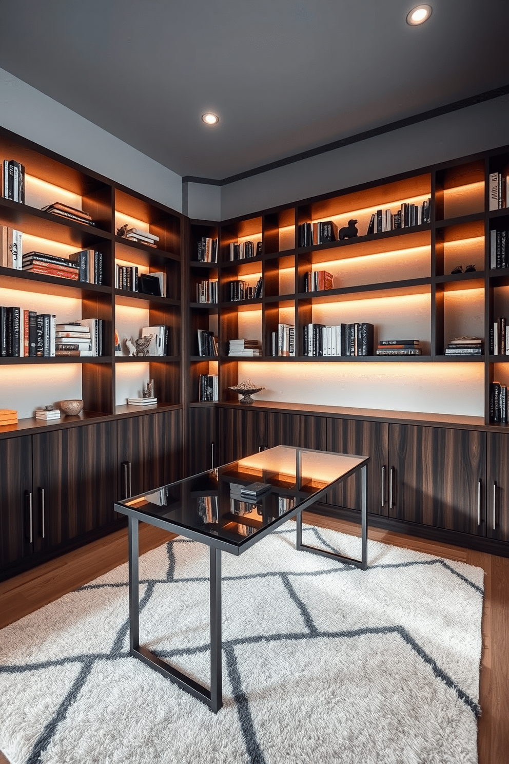 A large study room with sleek built-in shelves that provide ample storage space for books and decorative items. The shelves are crafted from dark wood, seamlessly integrated into the walls, and accented by warm LED lighting that highlights the collection of books. A spacious desk sits in the center of the room, featuring a modern design with a glass top and a minimalist metal frame. The walls are painted in a soft gray, and a plush area rug in a geometric pattern adds a touch of comfort underfoot.