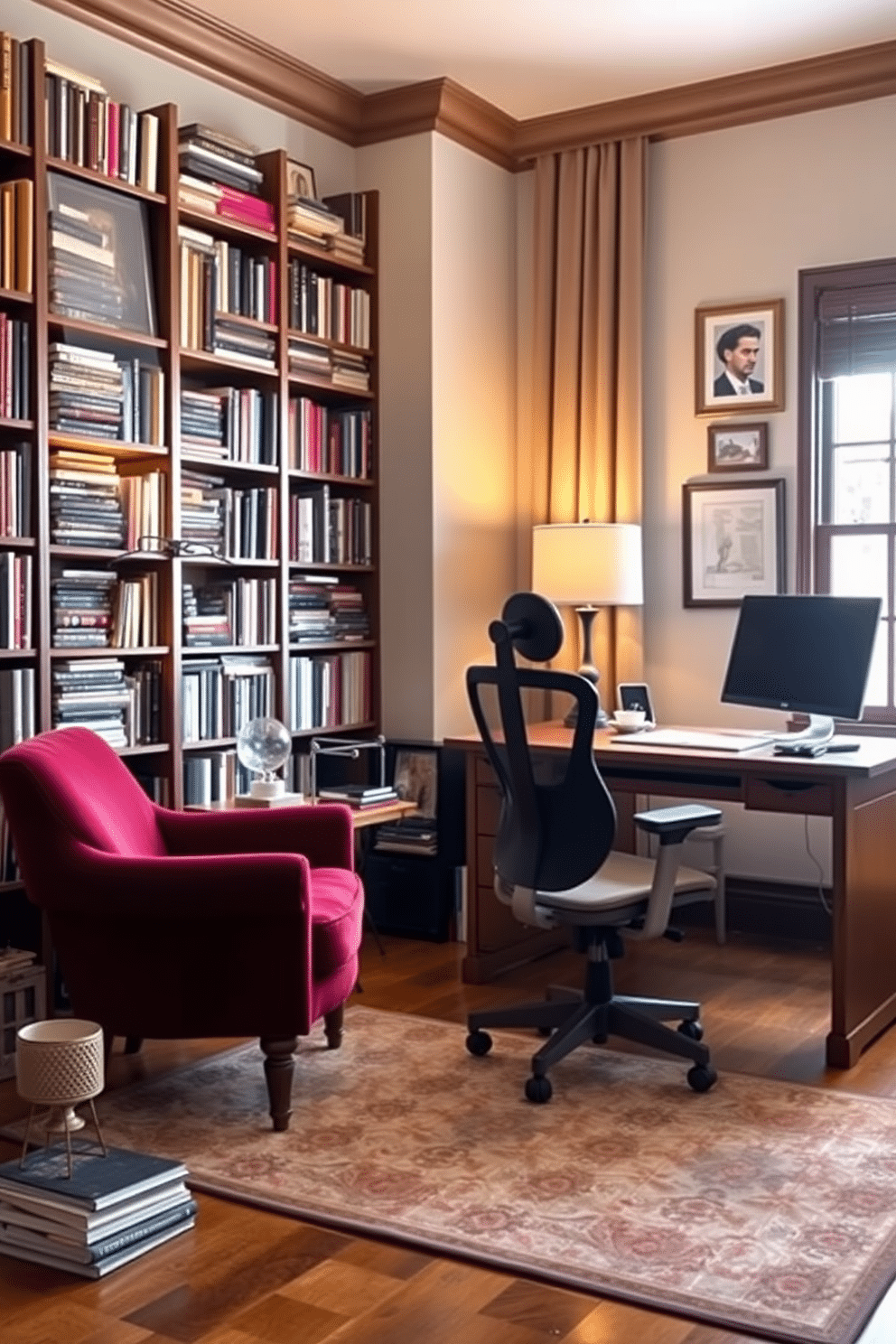 A cozy personal library corner featuring a plush armchair in a rich burgundy fabric, positioned next to a tall bookshelf filled with stacked books of various sizes. A small wooden side table holds a steaming cup of tea and a vintage reading lamp casts a warm glow over the scene. A spacious study room designed for productivity, with a large wooden desk facing a window that allows natural light to flood the space. The walls are adorned with framed art, and a comfortable ergonomic chair complements the sleek design of the desk, while a rug adds warmth to the hardwood floor.