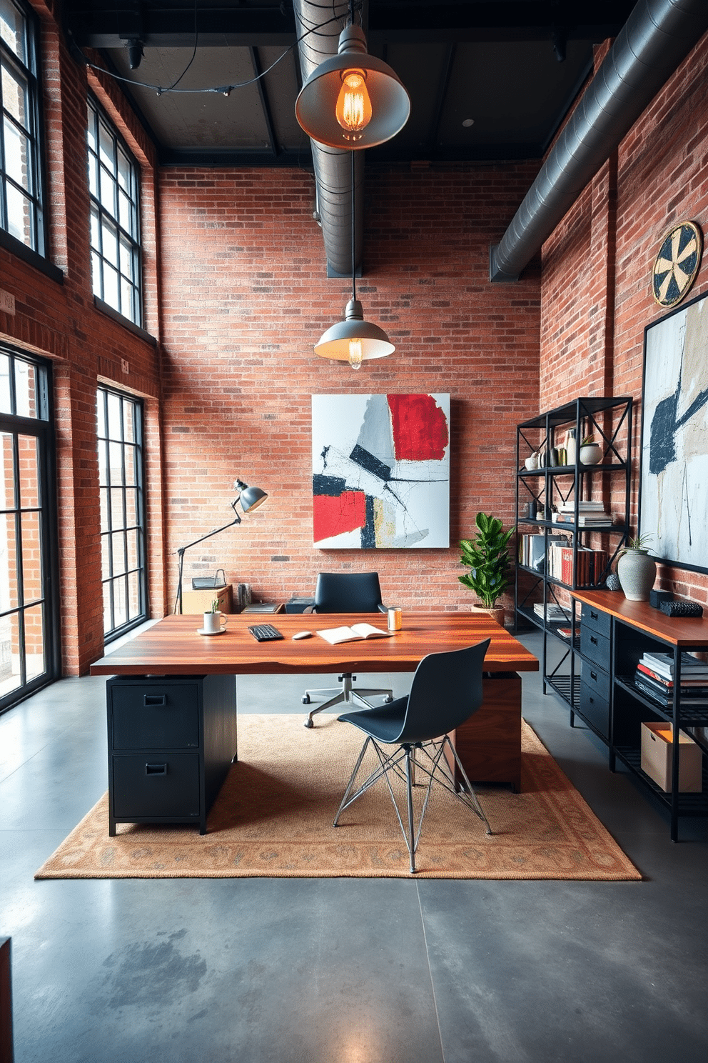 A spacious study room featuring an industrial style with exposed brick walls and large windows that allow natural light to flood the space. The room is furnished with a large reclaimed wood desk paired with a sleek metal chair, while metal shelving units display books and decor items. The floor is polished concrete, complemented by a cozy area rug that adds warmth to the room. Industrial-style pendant lights hang from the ceiling, casting a warm glow over the workspace, and a large abstract artwork adorns the wall for visual interest.