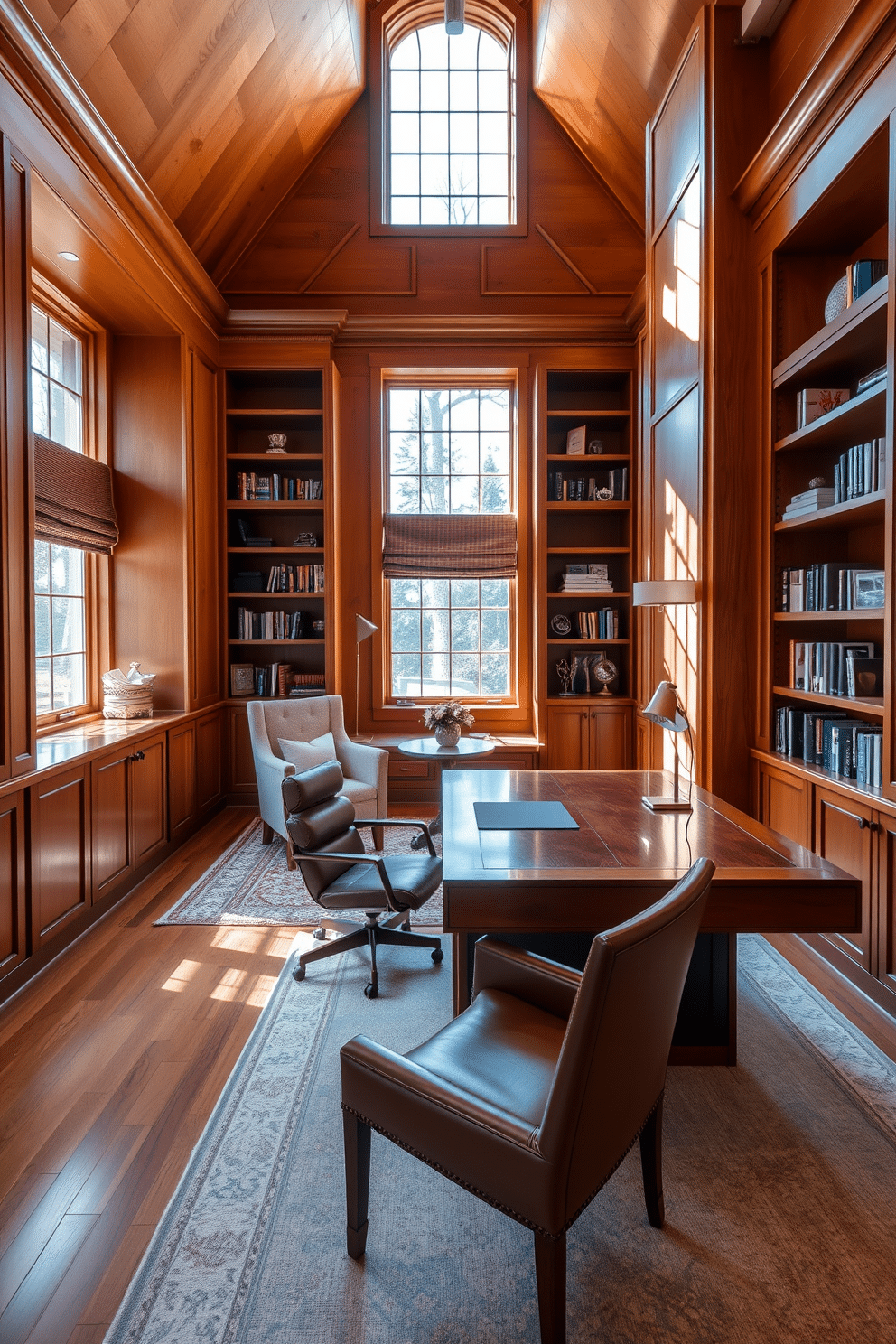 A spacious study room featuring warm wood tones that create a welcoming atmosphere. The room includes a large wooden desk with a sleek design, complemented by a comfortable leather chair. Natural light floods the space through oversized windows, highlighting built-in shelves filled with books and decorative items. A cozy reading nook with an upholstered armchair and a small side table adds to the inviting ambiance.