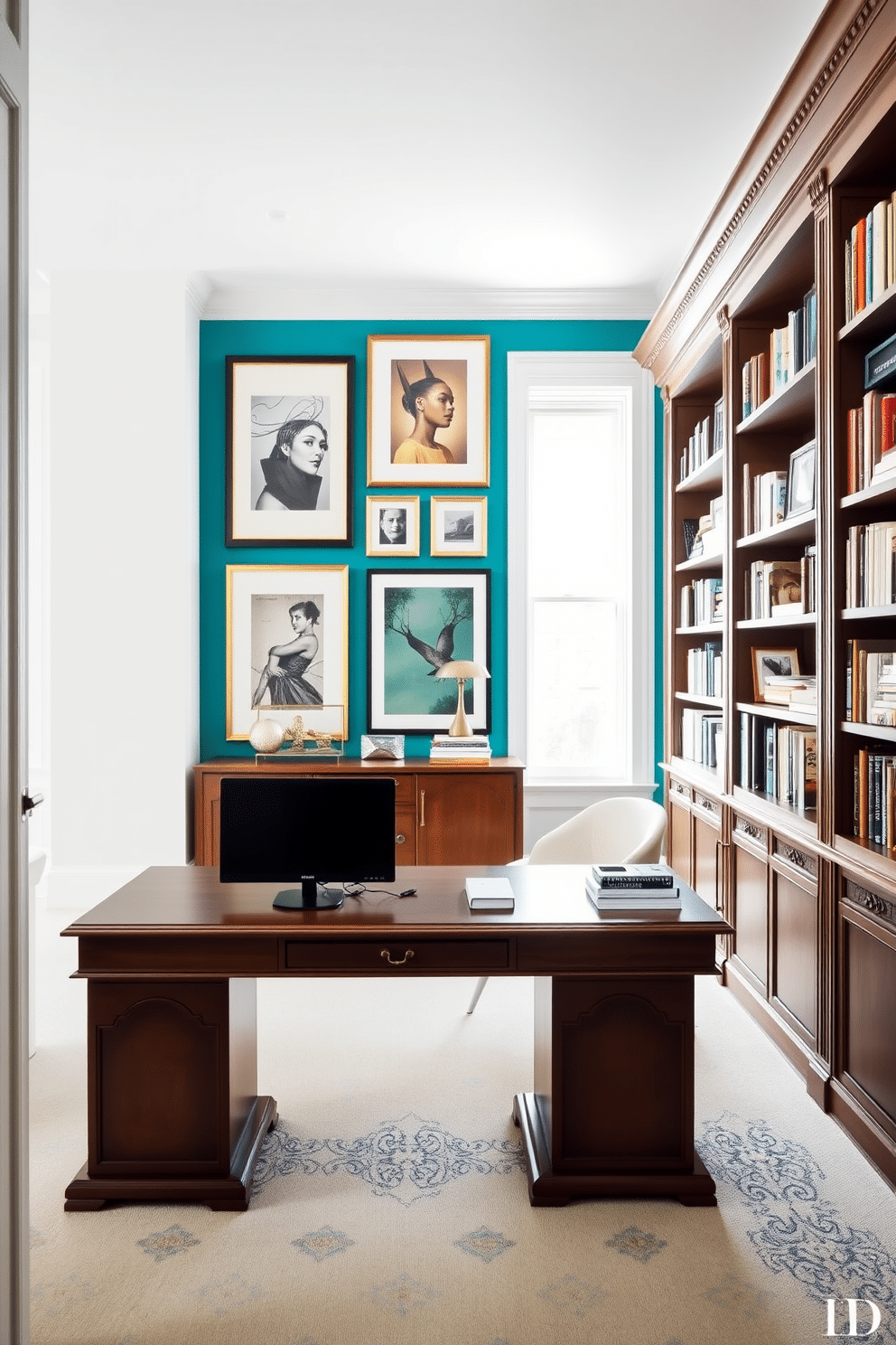 Bright accent wall with a striking gallery of framed artwork that showcases a mix of contemporary and classic styles. The wall is painted in a vibrant teal hue, contrasting beautifully with the neutral tones of the surrounding space. A spacious study room featuring a large wooden desk positioned in front of a window, allowing natural light to flood the area. Elegant bookshelves line the walls, filled with a curated collection of books and decorative items, creating an inspiring and organized workspace.