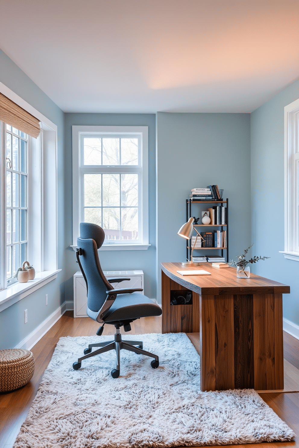 A spacious study room features an ergonomic chair designed for comfort and support, upholstered in a soft, breathable fabric. The chair is positioned at a sleek, modern desk made of reclaimed wood, complemented by a stylish desk lamp that provides warm lighting. The walls are painted a calming light blue, enhancing focus and creativity, while large windows allow natural light to flood the room. A plush area rug in neutral tones anchors the space, and shelves filled with books and decorative items add personality to the study.