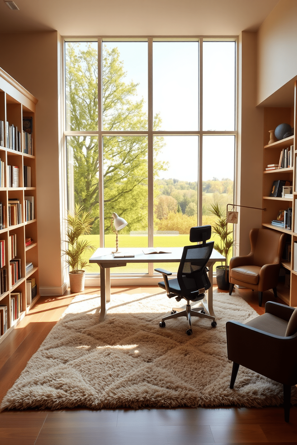 A spacious study room filled with natural light from large, floor-to-ceiling windows that offer a stunning view of the outdoors. The room features a sleek, modern desk positioned to take advantage of the sunlight, paired with a comfortable ergonomic chair. The walls are painted in a soft, calming hue, complemented by built-in bookshelves filled with an array of books and decorative items. A plush area rug lies beneath the desk, and a cozy reading nook with a stylish armchair is tucked into one corner, inviting relaxation and focus.