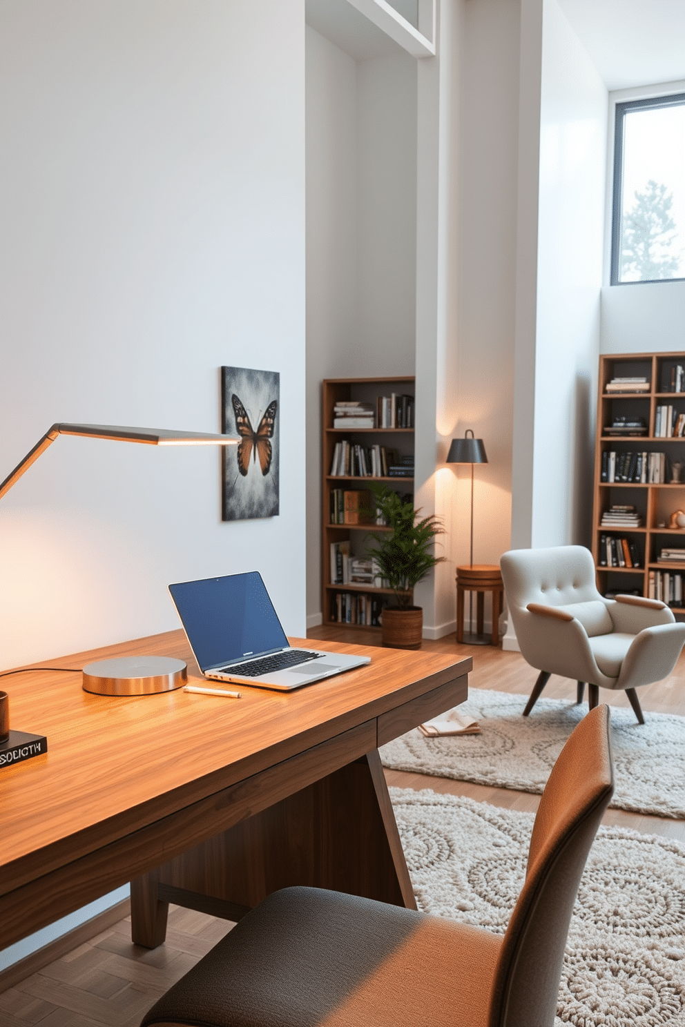 A sleek contemporary desk lamp with a minimalist design, featuring a brushed metal finish and an adjustable arm for optimal task lighting. The lamp casts a warm glow, illuminating a spacious wooden desk adorned with neatly arranged stationery and a stylish laptop. A large study room designed for productivity, showcasing a combination of modern furniture and ample natural light. The walls are painted in a soft white, while a plush area rug defines the seating area, complete with a comfortable armchair and a bookshelf filled with curated literature.