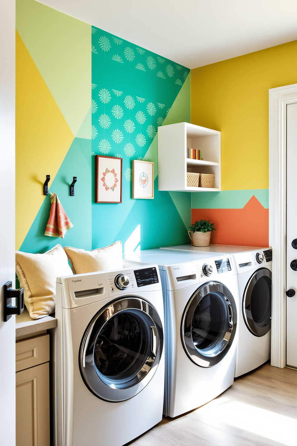 A vibrant laundry mudroom featuring a colorful accent wall adorned with geometric patterns in shades of teal, yellow, and coral. The space includes a built-in bench with soft cushions, open shelving for storage, and a stylish washer and dryer set, all bathed in natural light from a nearby window. The accent wall serves as a bold focal point, creating a cheerful atmosphere that energizes the space. Decorative hooks and a small potted plant add functional and aesthetic touches, enhancing the overall design.