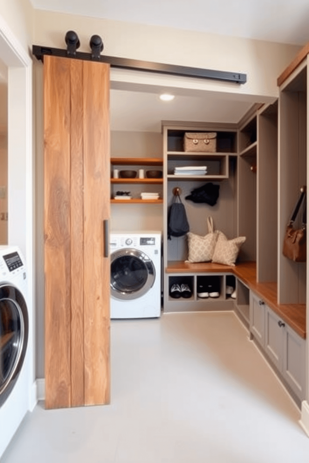 A sliding barn door made of reclaimed wood adds rustic charm to a contemporary laundry mudroom, seamlessly blending style and functionality. The door slides effortlessly along a metal track, allowing for easy access while maximizing floor space. In the mudroom, built-in storage solutions feature open shelving and cubbies for shoes and bags, complemented by a bench for convenience. A durable, water-resistant floor in a light gray tone enhances the room's practicality while maintaining an inviting atmosphere.