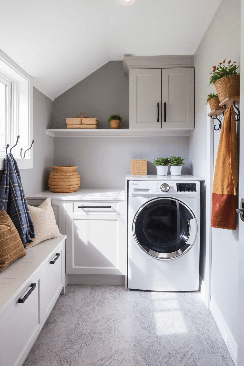 A modern laundry mudroom featuring integrated laundry machines that blend seamlessly into custom cabinetry. The space is illuminated by natural light from a nearby window, with a stylish bench for seating and storage above for organization. The walls are painted in a soft gray, complemented by durable, textured flooring that can withstand heavy use. Decorative hooks line one wall, providing a practical solution for hanging coats and bags, while potted plants add a touch of greenery to the design.