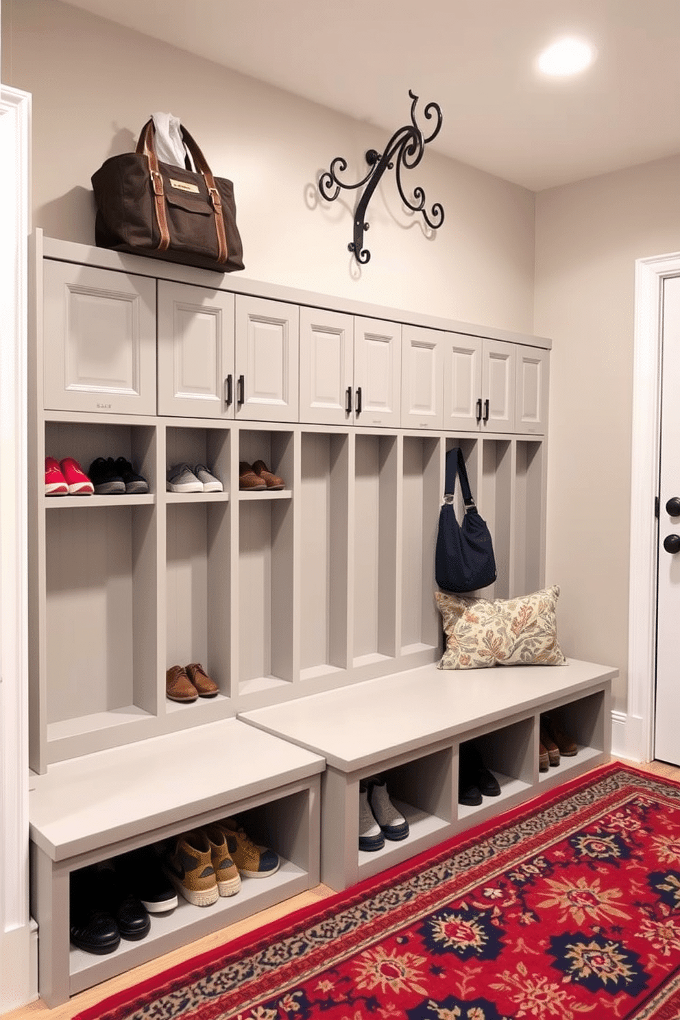 A functional mudroom features built-in cubbies designed for shoe and bag storage, maximizing space efficiency. Each cubby is crafted from durable wood, painted in a soft gray hue, and includes personalized labels for easy organization. The mudroom is adorned with a bench for seating, allowing for comfortable shoe changes. A stylish coat rack hangs above, complemented by a vibrant area rug that adds warmth and character to the space.