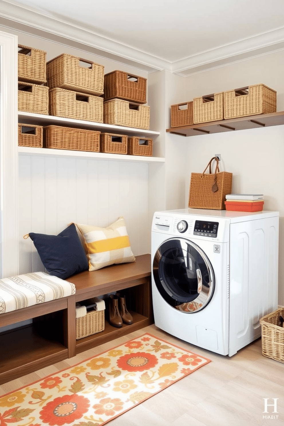 A functional laundry mudroom features woven baskets neatly arranged on open shelving, providing stylish organization for everyday items. The space is accented with a built-in bench for convenience, and a vibrant rug adds warmth and color to the room.