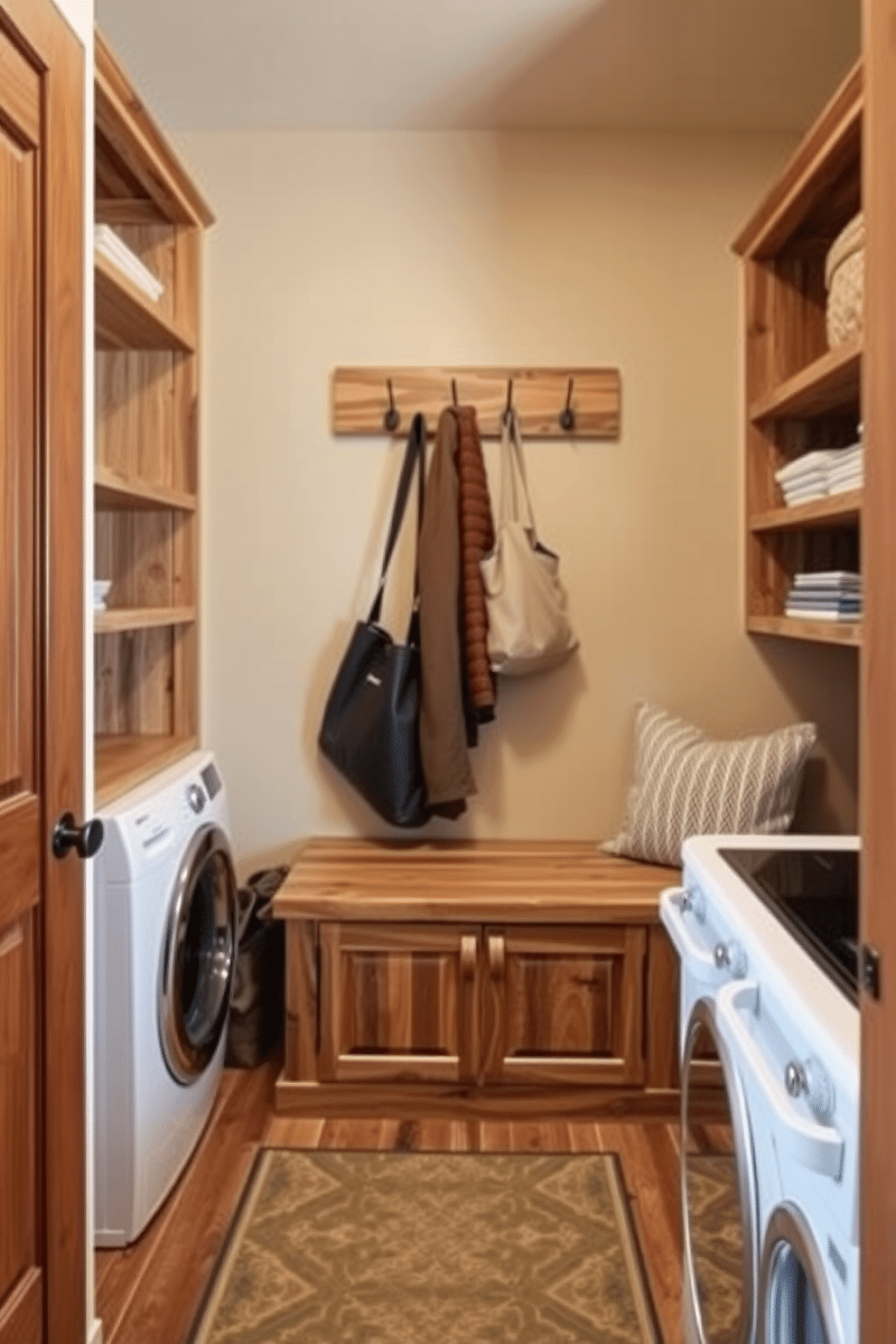 A cozy laundry mudroom featuring natural wood elements for warmth. The space includes a rustic wooden bench with built-in storage underneath, surrounded by open shelving made of reclaimed wood. The walls are painted in a soft, earthy tone that complements the wood accents. A patterned area rug adds a touch of color, while hooks for coats and bags are mounted on a wooden board above the bench.