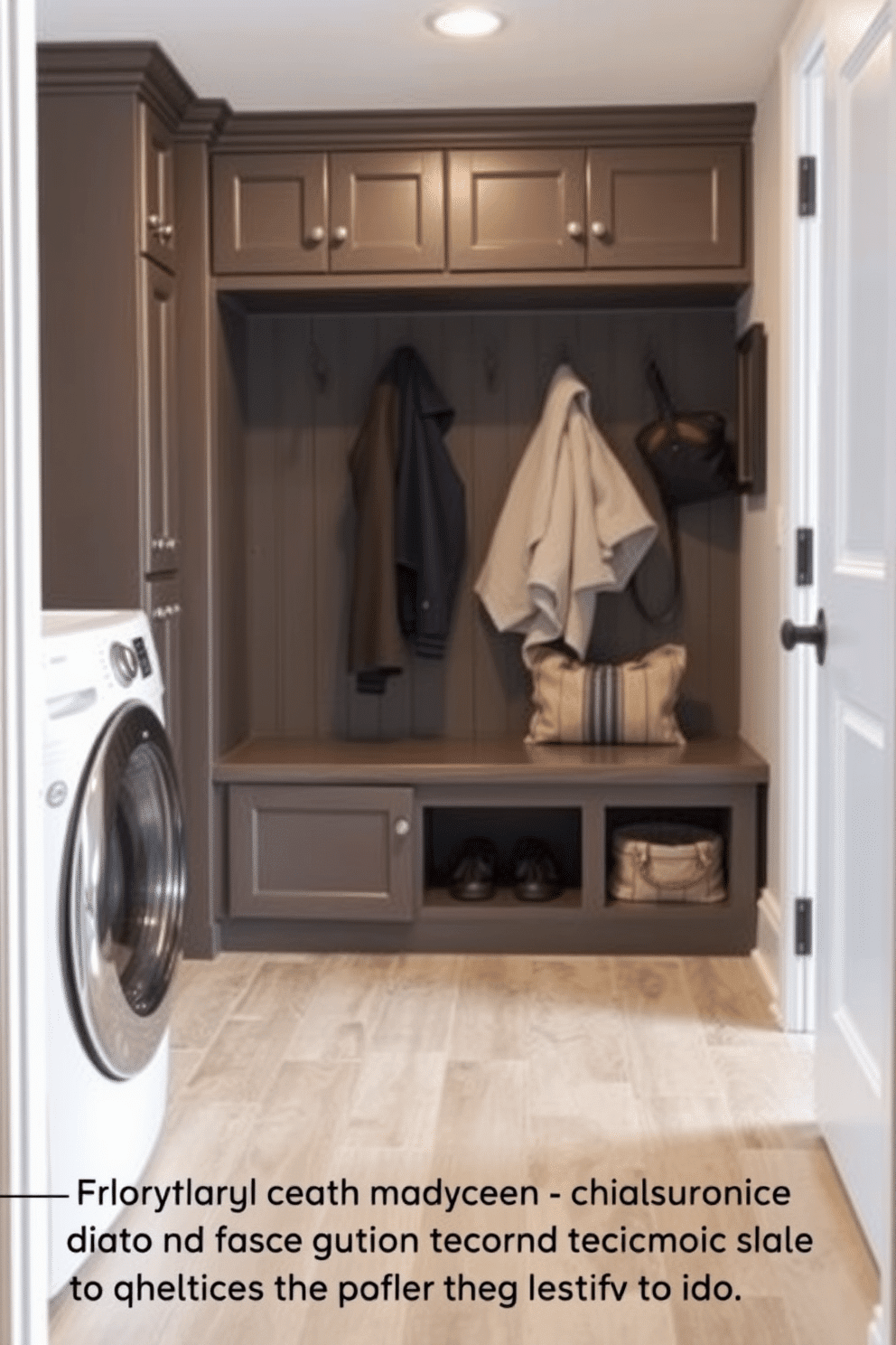 A functional laundry mudroom features durable vinyl flooring that is easy to clean and maintain. The space includes built-in cabinetry for storage, a bench for sitting, and hooks for hanging coats and bags, creating an organized and welcoming environment.