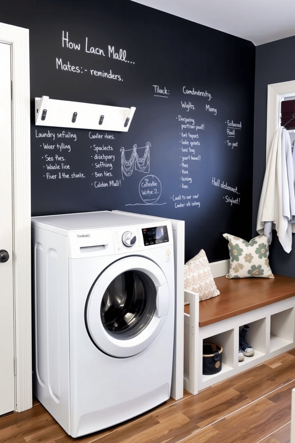 A functional laundry mudroom features a chalkboard wall for notes and reminders, creating an organized and interactive space. The room includes built-in storage cubbies and a bench for convenience, with a stylish washer and dryer integrated seamlessly into the design.