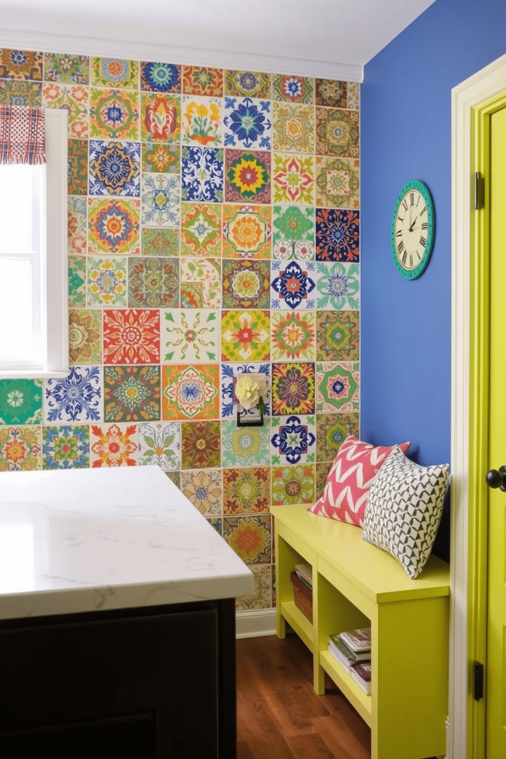 A vibrant array of decorative tiles creates a stunning backsplash that adds character and charm to the kitchen. Each tile features intricate patterns and colors, blending seamlessly to form a cohesive and artistic display. The laundry mudroom is designed with functionality in mind, featuring ample storage solutions and a stylish bench for seating. Bright, cheerful colors and durable materials enhance the space, making it both practical and inviting.