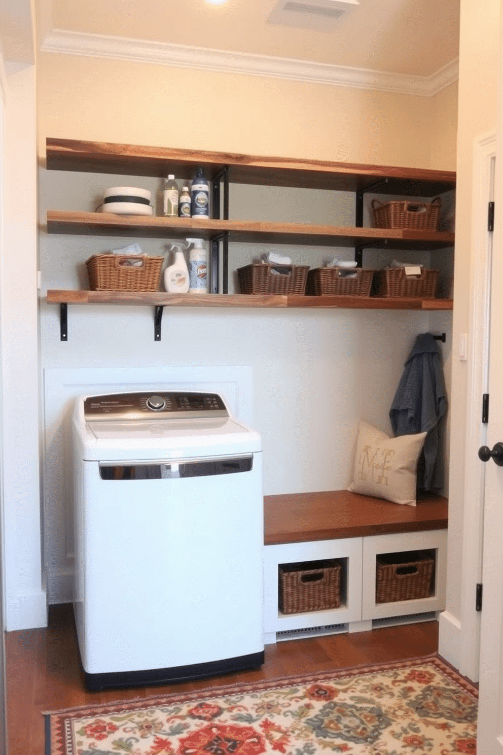 Open shelving is strategically placed along the walls of the laundry mudroom, providing easy access to everyday essentials like detergents and cleaning supplies. The shelves are crafted from reclaimed wood, adding a rustic charm, while decorative baskets neatly organize smaller items. The mudroom features a spacious layout with a built-in bench for convenience, adorned with plush cushions. A vibrant, patterned rug lies beneath, enhancing the warmth of the space and inviting a sense of comfort.