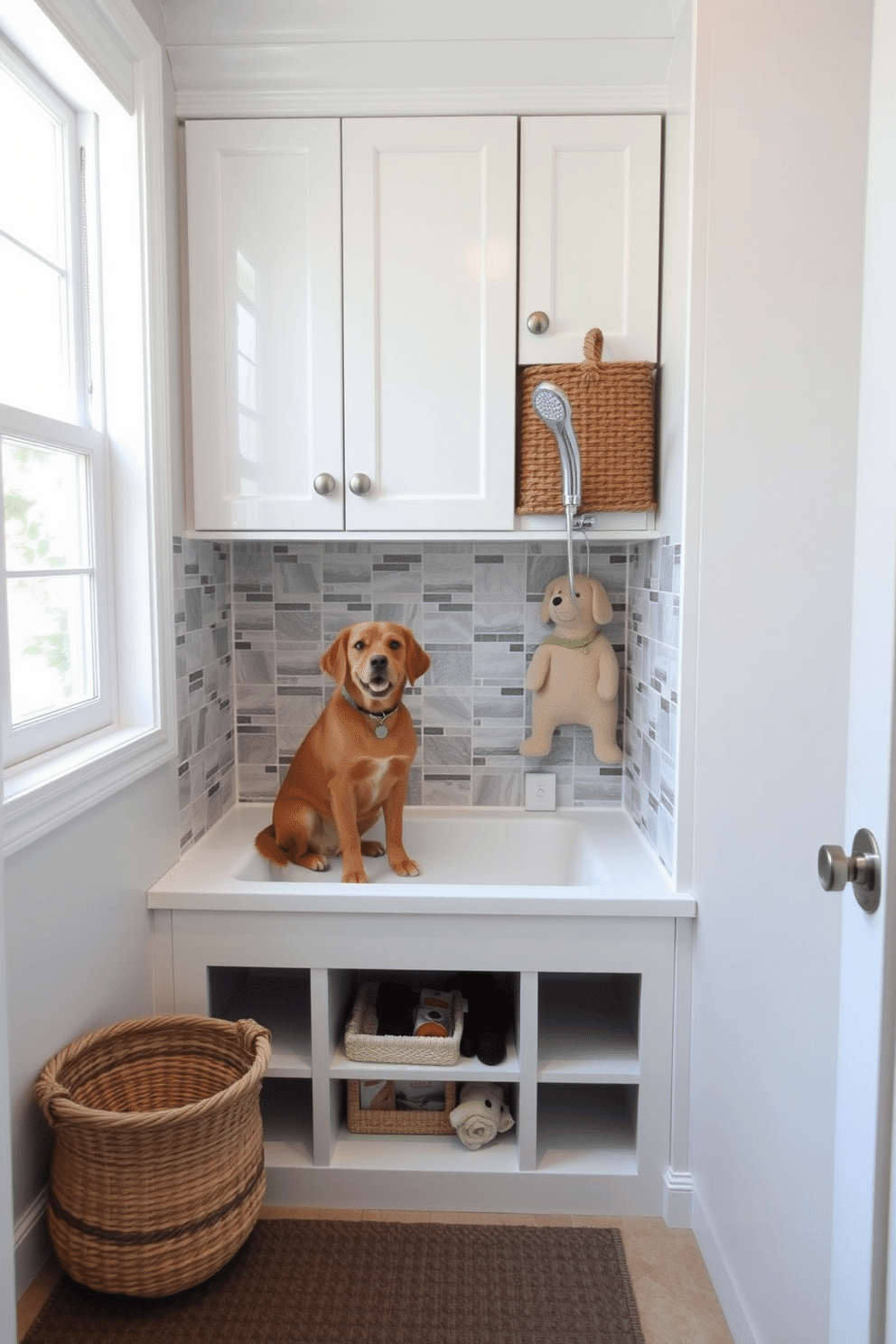 Pet washing station for furry friends. This space features a built-in tub with a detachable shower head, surrounded by tiled walls for easy cleaning. Laundry mudroom design ideas. The room includes ample storage with custom cabinets, a bench for seating, and a stylish backsplash that complements the overall decor.