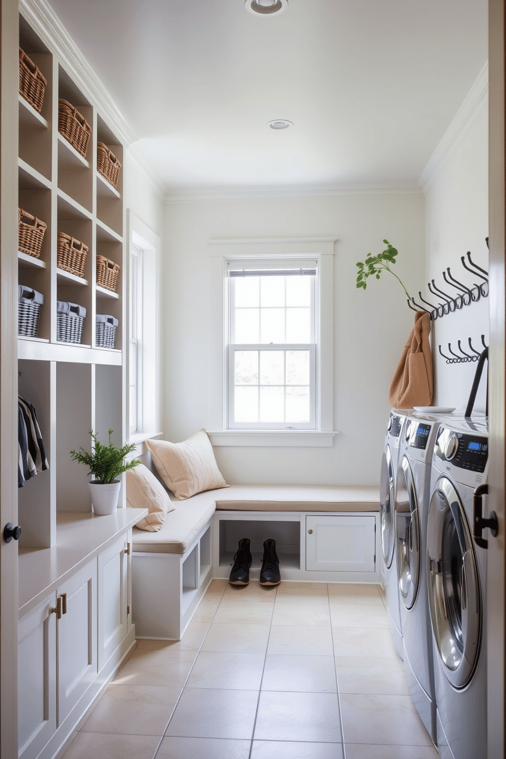 A bright and airy laundry mudroom features a built-in bench with soft cushions, perfect for putting on shoes. Flanking the bench are open shelves filled with neatly organized baskets and potted plants, adding a fresh touch to the space. The walls are painted in a light, welcoming color, complemented by a durable tile floor that can withstand heavy use. A large window allows natural light to flood the room, while hooks line the wall for easy access to coats and bags.