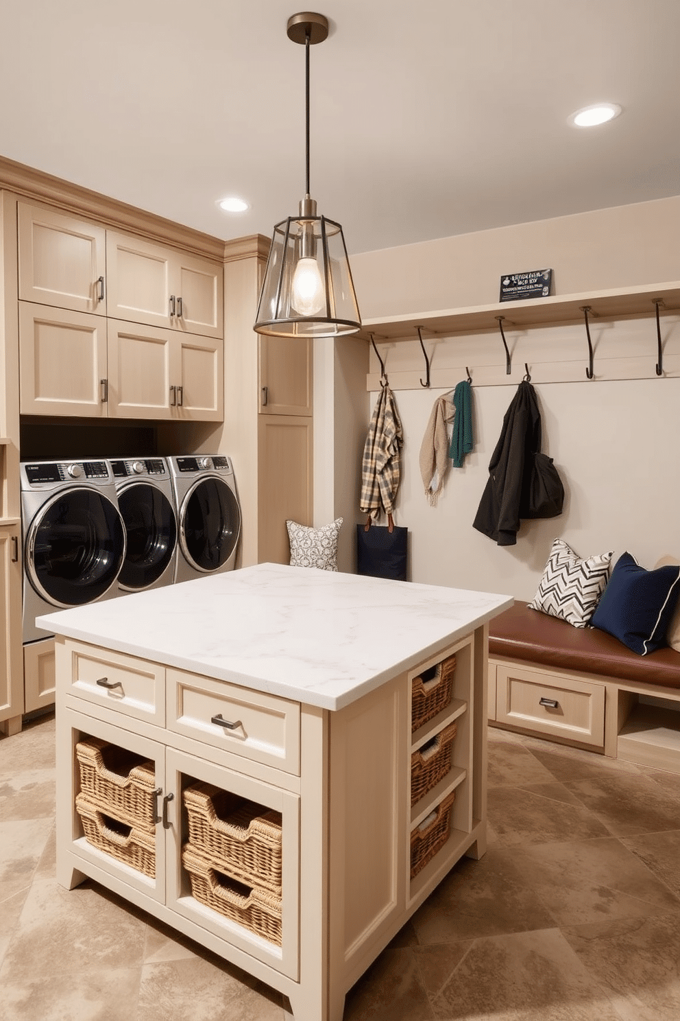 A functional island for folding clothes features a spacious, flat surface topped with a smooth quartz countertop. Below the countertop, there are ample drawers and baskets for organizing laundry supplies, while a stylish pendant light hangs above to illuminate the workspace. The laundry mudroom design includes a built-in bench with cushioned seating for comfort, surrounded by custom cabinetry for storage. A wall-mounted coat rack and hooks provide convenient access for hanging jackets and bags, while durable tile flooring ensures easy cleanup of dirt and moisture.