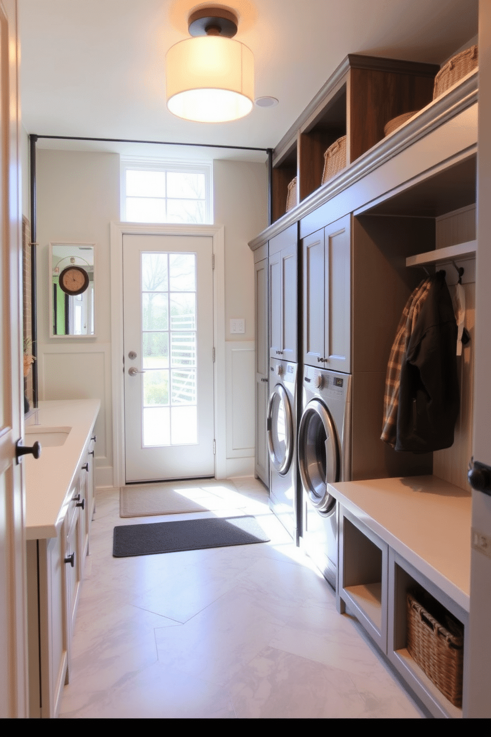 A functional laundry mudroom features a large mirror that reflects natural light and creates an illusion of more space. The room includes built-in cabinetry for storage, a bench for seating, and a stylish tile floor that is both practical and visually appealing.