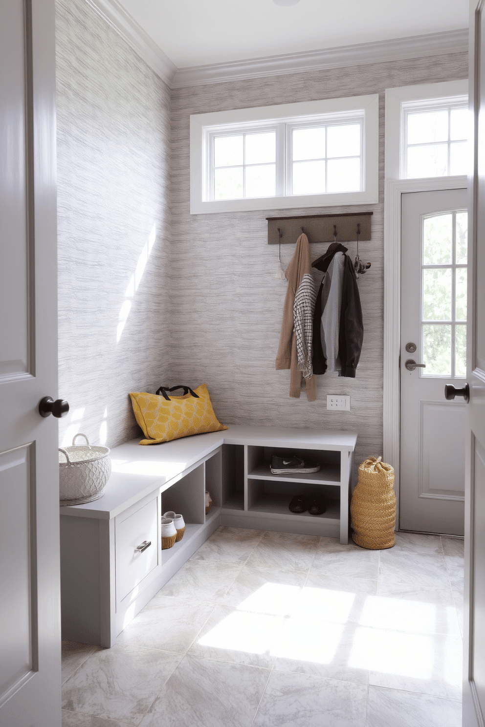 A cozy laundry mudroom features textured wallpaper in a soft gray tone, adding depth and warmth to the space. The room includes a built-in bench with storage underneath, perfect for shoes and bags, and a stylish coat rack on the wall for easy organization. The flooring is a durable, water-resistant material that complements the wallpaper, ensuring practicality and aesthetics. A large window allows natural light to flood the room, creating an inviting atmosphere for laundry tasks.