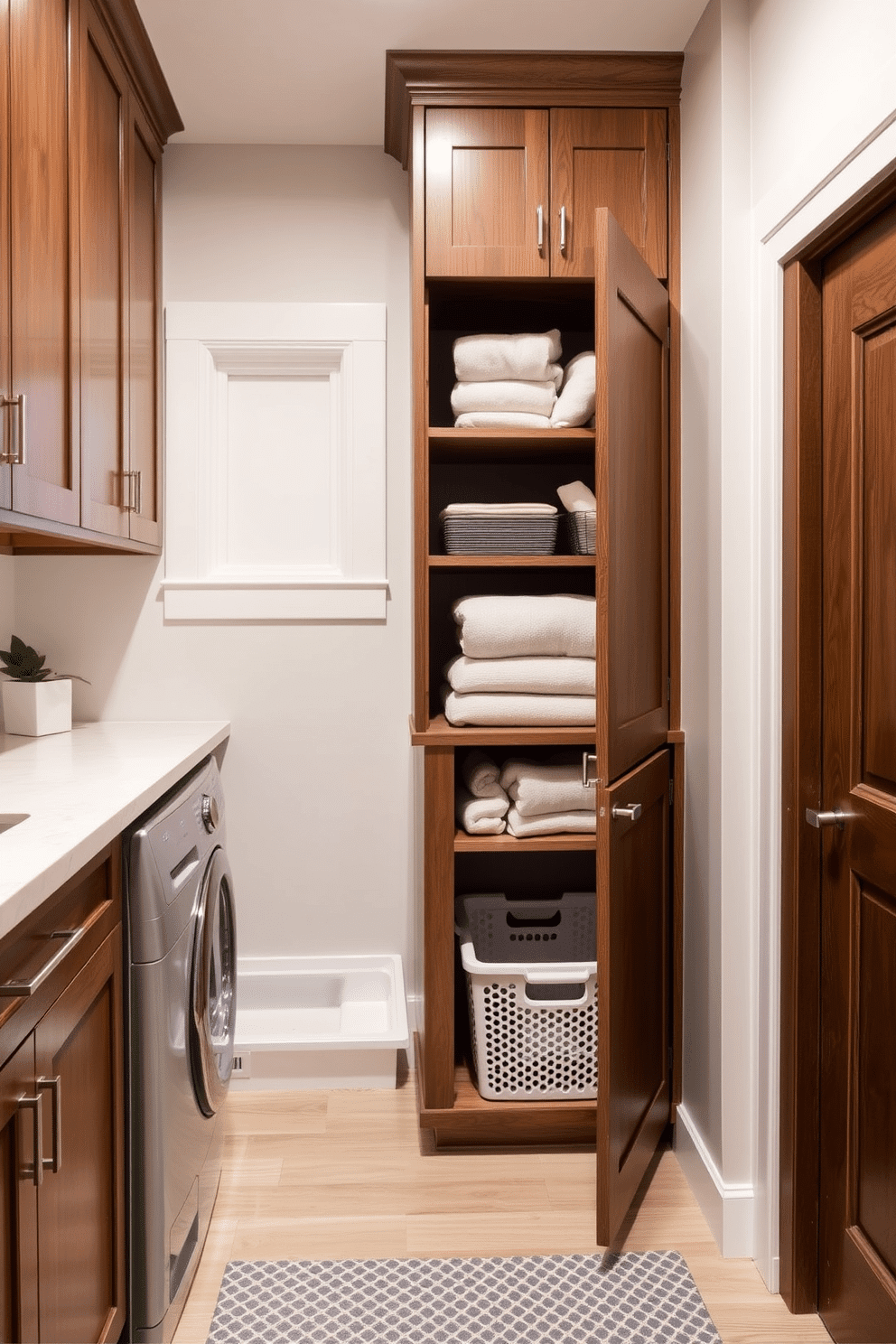 A functional laundry mudroom featuring hidden hampers seamlessly integrated into cabinetry. The space is adorned with a sleek countertop for folding clothes, and the walls are painted in a soft, inviting color that complements the natural wood finishes.