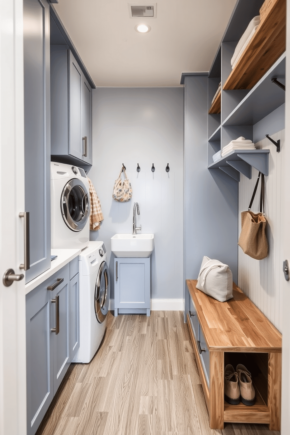 A compact laundry mudroom design featuring a combination of sleek cabinetry and open shelving for storage efficiency. The space includes a stacked washer and dryer, a small utility sink, and a folding station, all accented by a cheerful color palette of light blue and white. The walls are adorned with functional hooks for hanging coats and bags, while the flooring is a durable, water-resistant tile that mimics wood. A narrow bench with storage underneath provides a cozy spot for putting on shoes, enhancing the overall functionality of this small space.