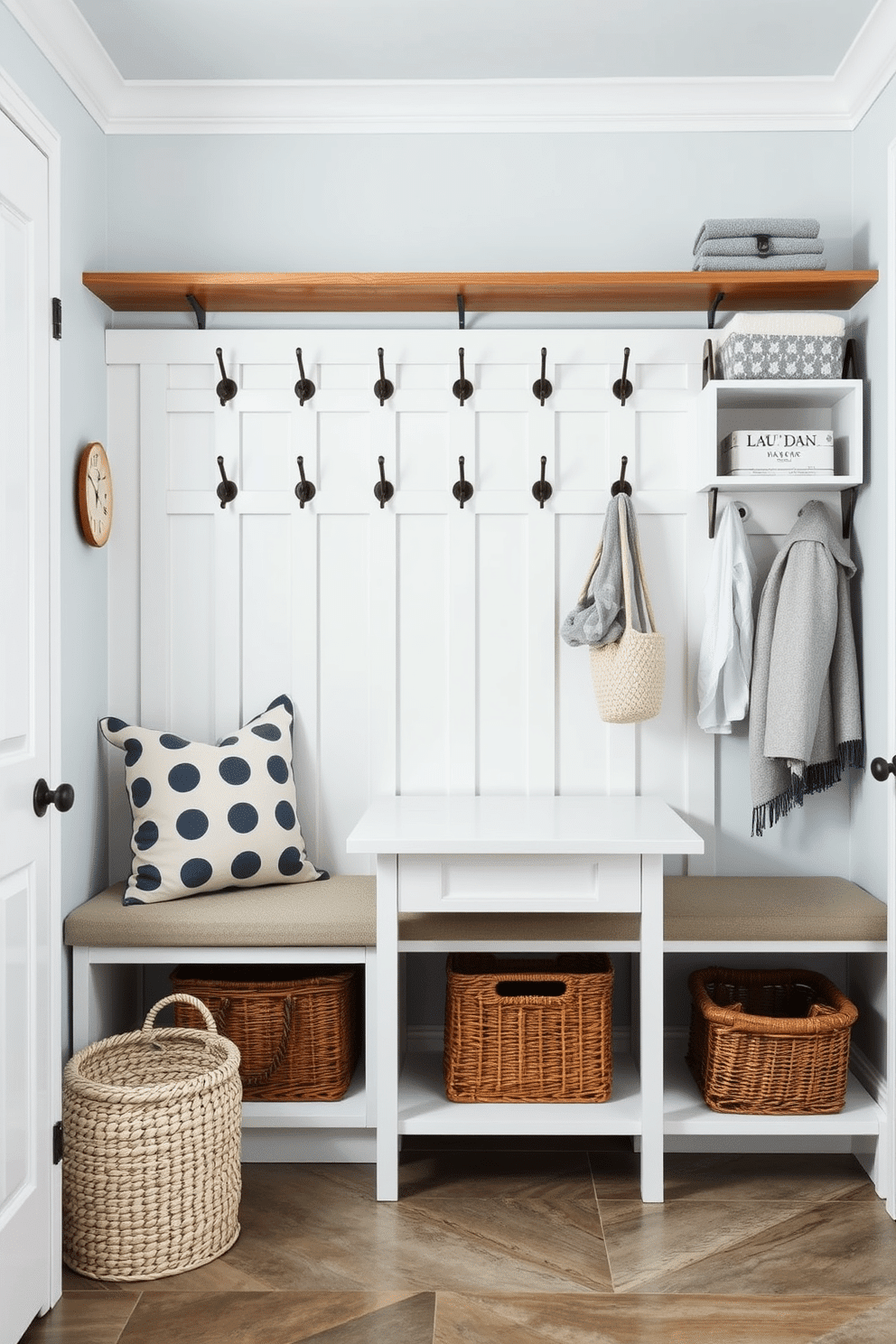 A stylish laundry mudroom features a combination of multi-functional furniture, including a bench with storage underneath and a wall-mounted shelf for organization. The space is designed with a calming color palette, incorporating soft blues and whites, complemented by decorative hooks for hanging coats and bags. Incorporate a foldable table that can be used for sorting laundry or as a workspace, seamlessly blending functionality with aesthetic appeal. The flooring is durable and easy to clean, while decorative baskets add a touch of warmth and style to the room.