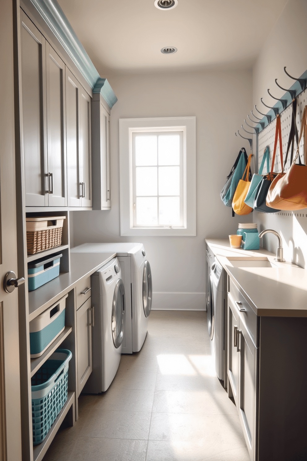 A functional laundry mudroom featuring color-coordinated storage solutions. The space includes built-in cabinetry in soft gray, with baskets in varying shades of blue and white for organization, and a durable, textured floor for easy cleaning. To the right, a spacious countertop provides ample space for folding clothes, complemented by a stylish pegboard above for hanging bags and coats. Natural light streams in through a large window, illuminating the cheerful decor and adding warmth to the inviting atmosphere.