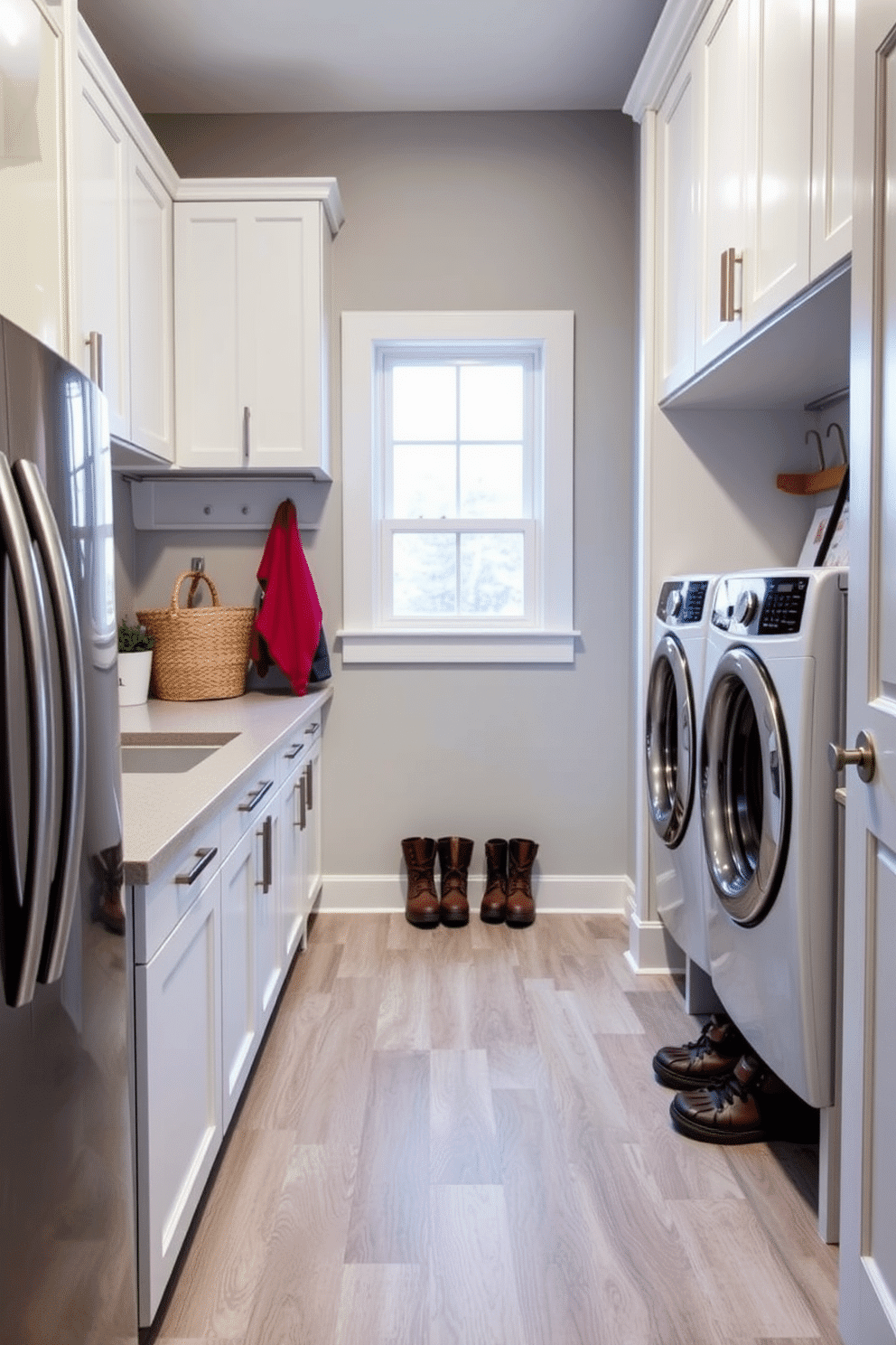 A functional laundry mudroom featuring easy-to-clean surfaces, including a sleek laminate countertop and waterproof vinyl flooring. The space is designed with built-in cabinetry for storage, and a large sink for washing muddy shoes and clothes, ensuring practicality and style.