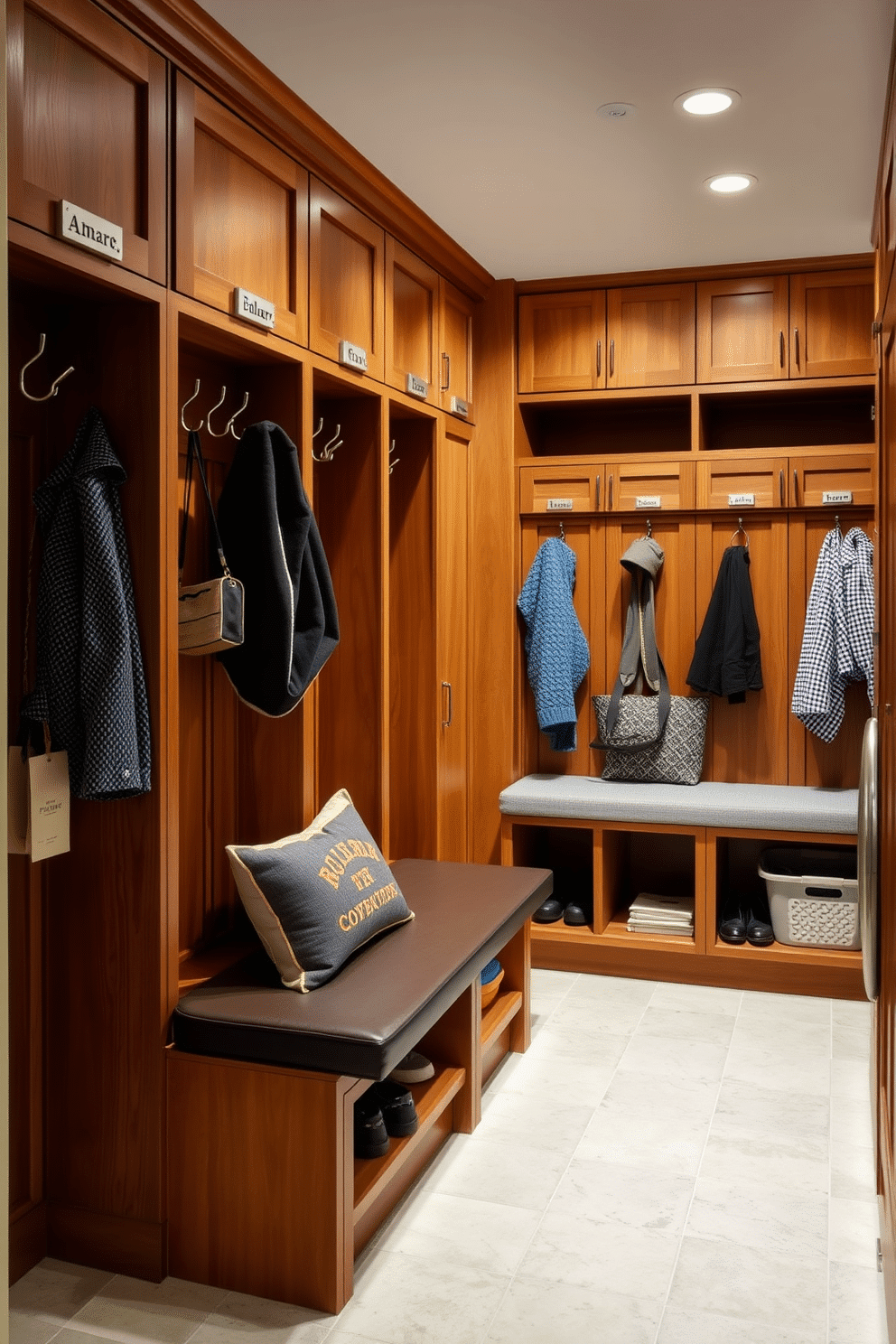 A functional laundry mudroom features built-in lockers designed for family organization, creating a seamless transition from the outdoors to the home. Each locker is crafted from high-quality wood, with personalized nameplates and hooks for hanging coats and bags, ensuring a clutter-free space. The mudroom includes a stylish bench with storage underneath for shoes and seasonal items, paired with a durable, easy-to-clean floor. Soft, ambient lighting highlights the space, while a vibrant color scheme adds warmth and character to this practical area.