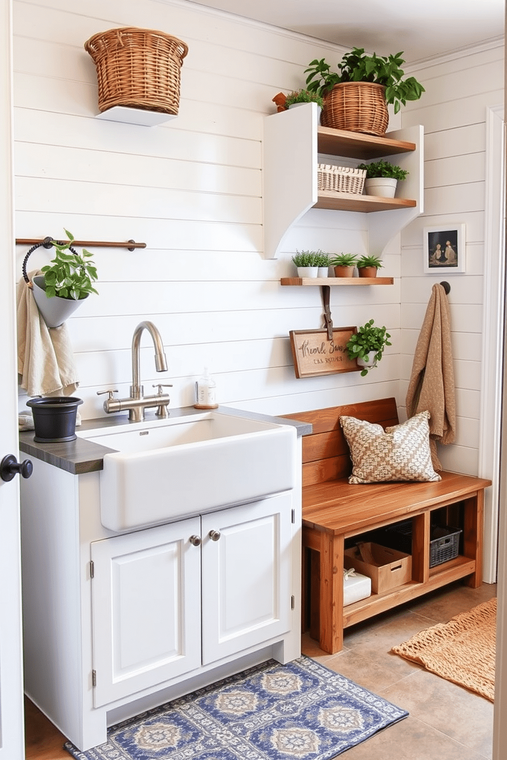 A charming laundry mudroom features a large farmhouse sink, perfect for utility and style, set against a backdrop of shiplap walls painted in soft white. The space includes a rustic wooden bench with storage underneath, complemented by open shelving adorned with decorative baskets and potted plants for a welcoming touch.