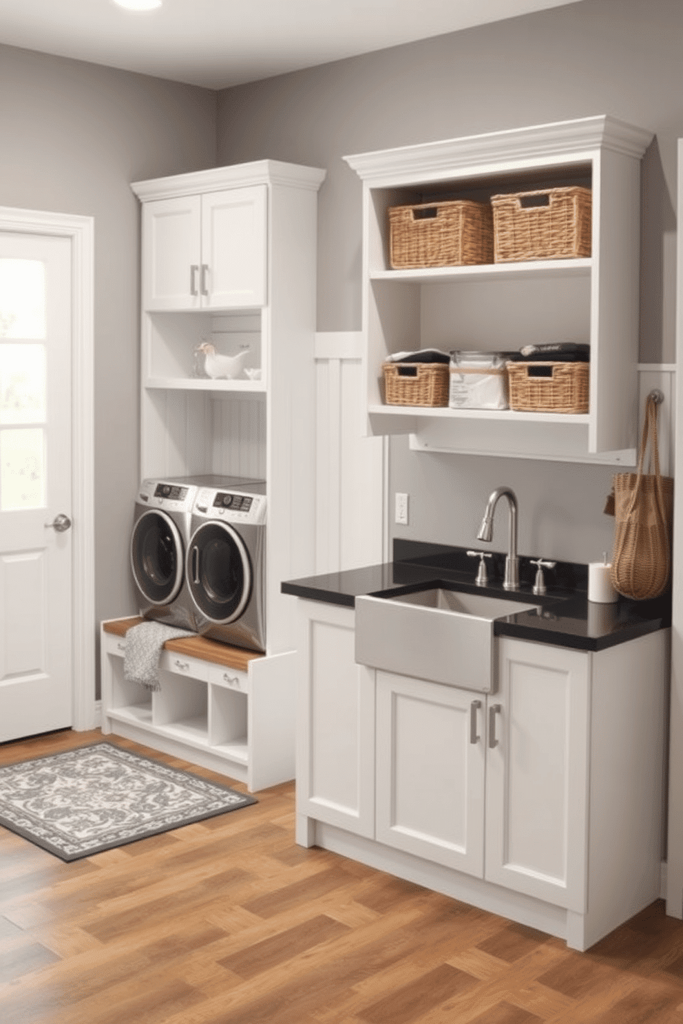 A stylish laundry mudroom featuring durable laminate flooring that mimics the look of natural wood, providing both functionality and aesthetic appeal. The space includes a built-in bench with storage cubbies above, and a large, practical sink for easy cleanup after outdoor activities. The walls are painted in a soft gray hue, complemented by white cabinetry that offers ample storage for laundry supplies and outdoor gear. A decorative rug adds warmth, while open shelving displays neatly arranged baskets for organization and a touch of style.