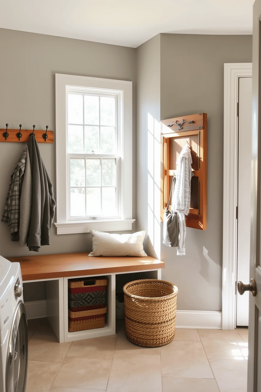 A functional laundry mudroom features a wall-mounted drying rack made from reclaimed wood, providing an eco-friendly touch. The space is brightened by natural light streaming in through a large window, complemented by a stylish bench for seating and storage below. The walls are painted in a soft, warm gray, creating a cozy atmosphere, while the floor is tiled with durable, water-resistant materials. Decorative hooks line the wall for hanging coats and bags, and a woven basket sits on the floor, adding texture and organization to the room.