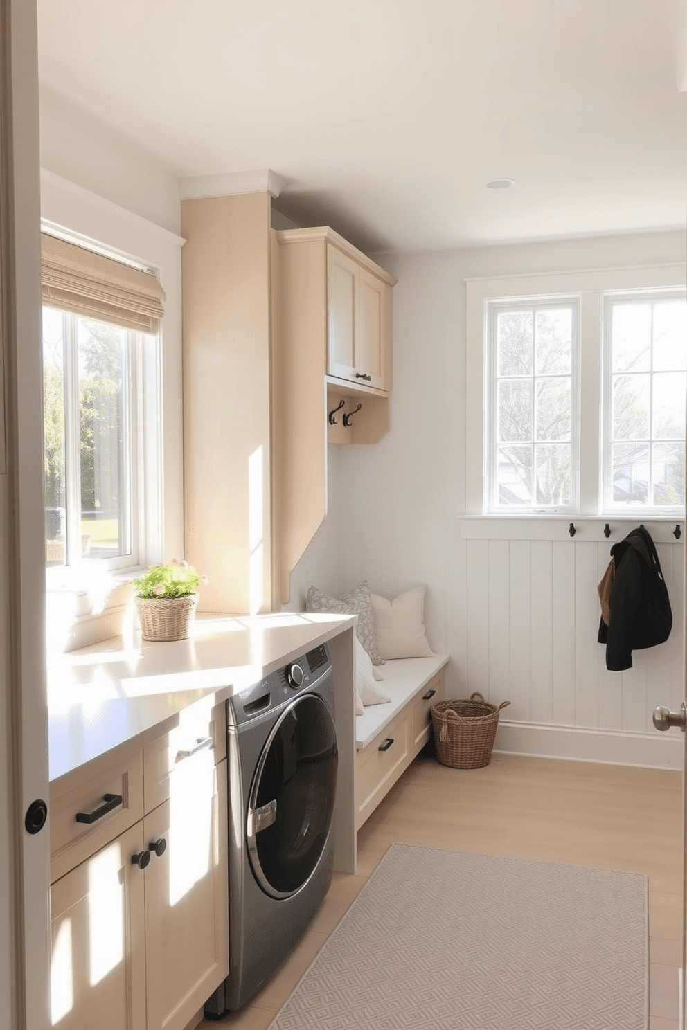 A bright and welcoming laundry mudroom features ample natural light streaming through large windows, illuminating the space with a cheerful ambiance. The walls are painted in a soft, warm white, complemented by light wood cabinetry that provides both style and functionality. The room includes a spacious countertop for folding laundry, adorned with decorative baskets for organization. A built-in bench with plush cushions invites relaxation, while hooks on the wall offer convenient storage for coats and bags.