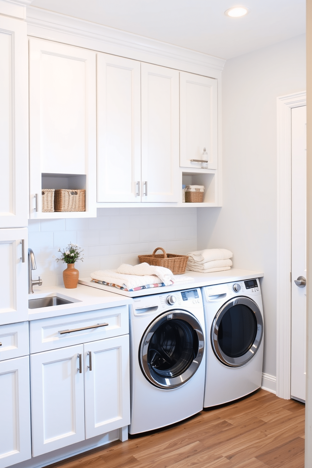 Bright white cabinetry with open shelving creates a clean and airy atmosphere in the laundry room. The space features a sleek countertop for folding clothes, complemented by stylish baskets for organization.