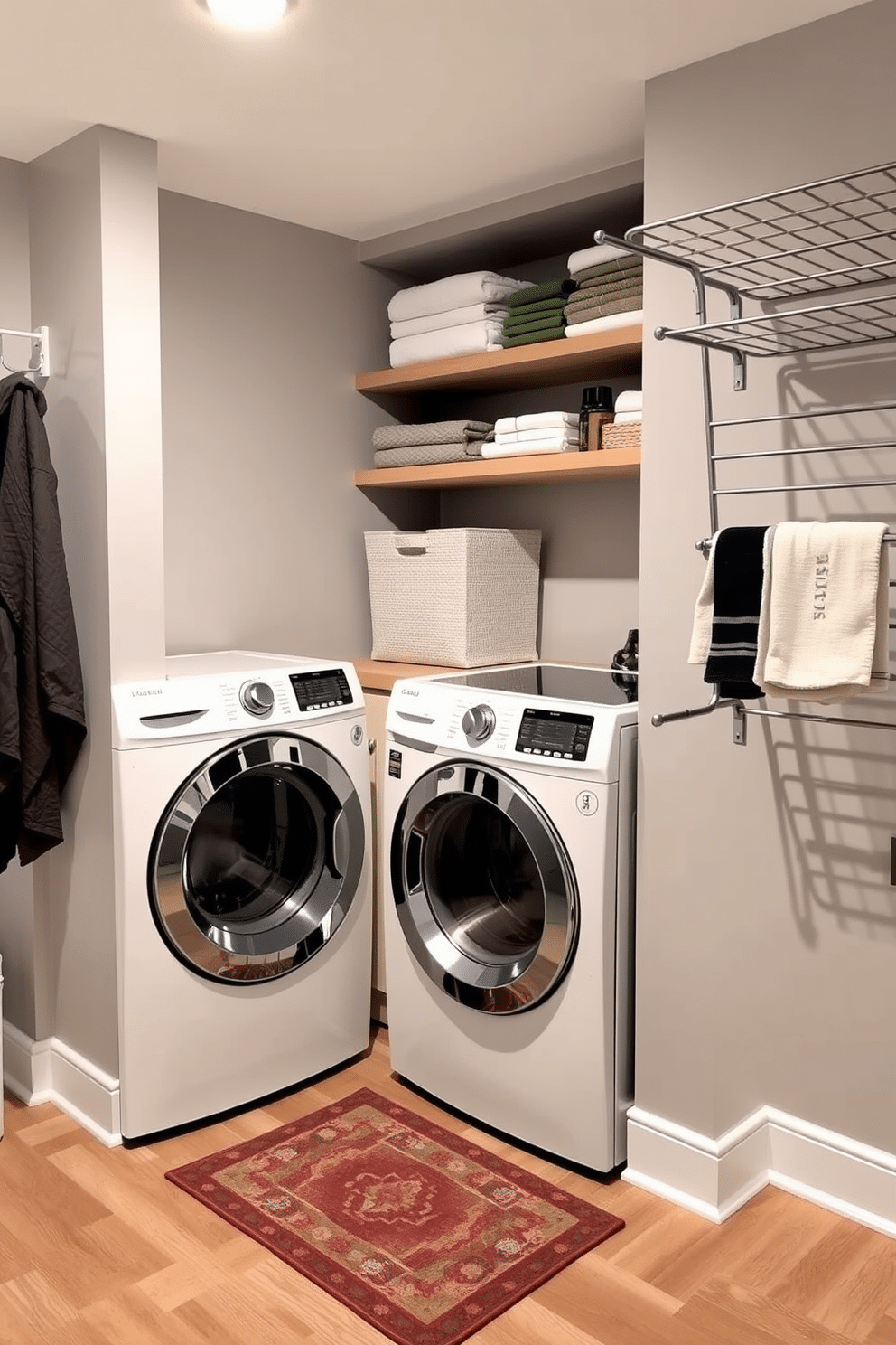 A functional laundry room in a basement setting features a stackable washer and dryer neatly tucked into a built-in cabinet. The walls are painted a soft gray, and the floor is covered with durable vinyl planks that mimic wood, creating a warm yet practical environment. To enhance organization, open shelving is installed above the appliances, displaying neatly folded towels and laundry supplies. A small, stylish rug adds a pop of color, while a wall-mounted drying rack maximizes space and functionality.