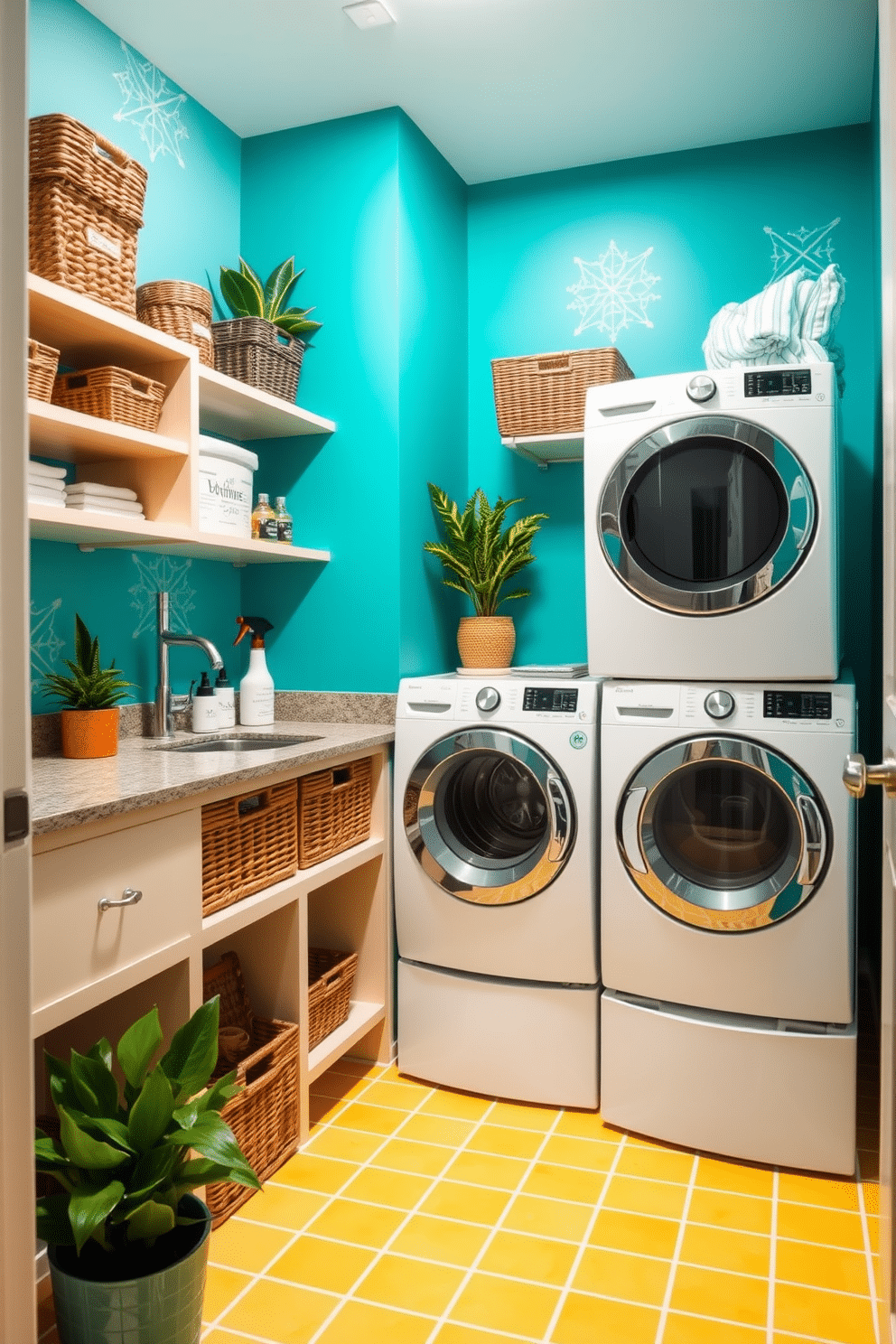 A vibrant laundry room featuring a colorful accent wall painted in a bold teal shade, adorned with geometric patterns that add visual interest. The space is equipped with modern appliances, including a stacked washer and dryer, complemented by open shelving for storage and organization. The floor is tiled with cheerful yellow and white checkered patterns, creating a bright and inviting atmosphere. Decorative baskets and potted plants are strategically placed to enhance the overall aesthetic and functionality of the basement laundry room.