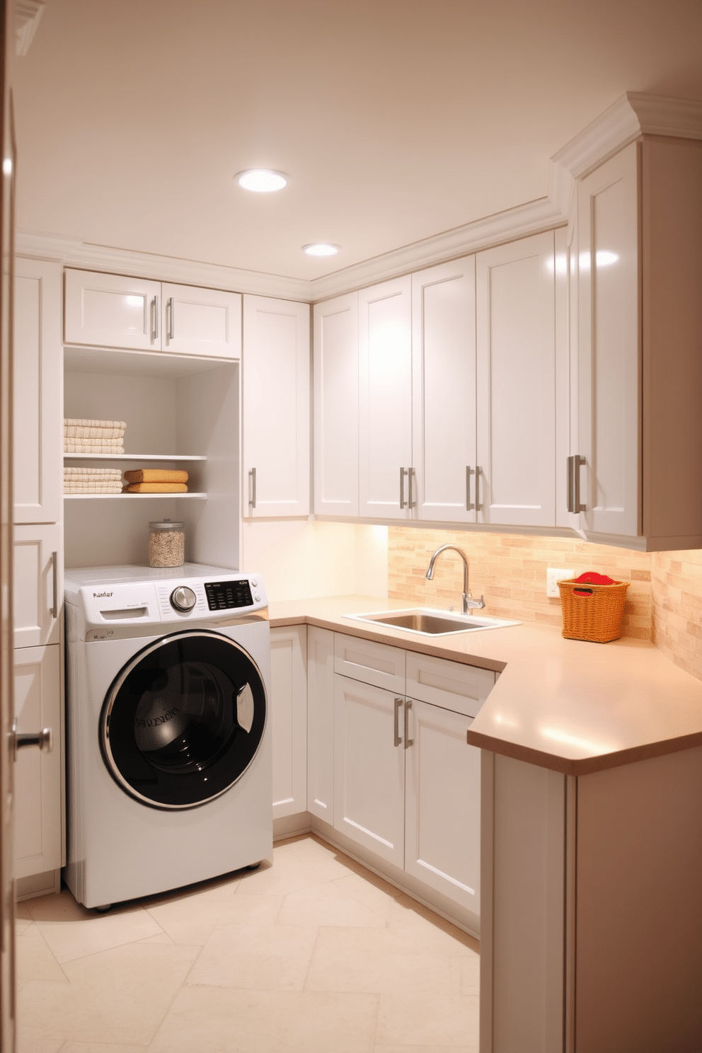 A bright and functional laundry room in the basement features custom cabinetry designed for optimal organization. The cabinetry is finished in a crisp white with sleek hardware, providing ample storage for laundry essentials and cleaning supplies. The space includes a large countertop for folding clothes, complemented by a stylish backsplash that adds a pop of color. Soft, warm lighting illuminates the area, creating an inviting atmosphere while maintaining a practical layout for efficiency.