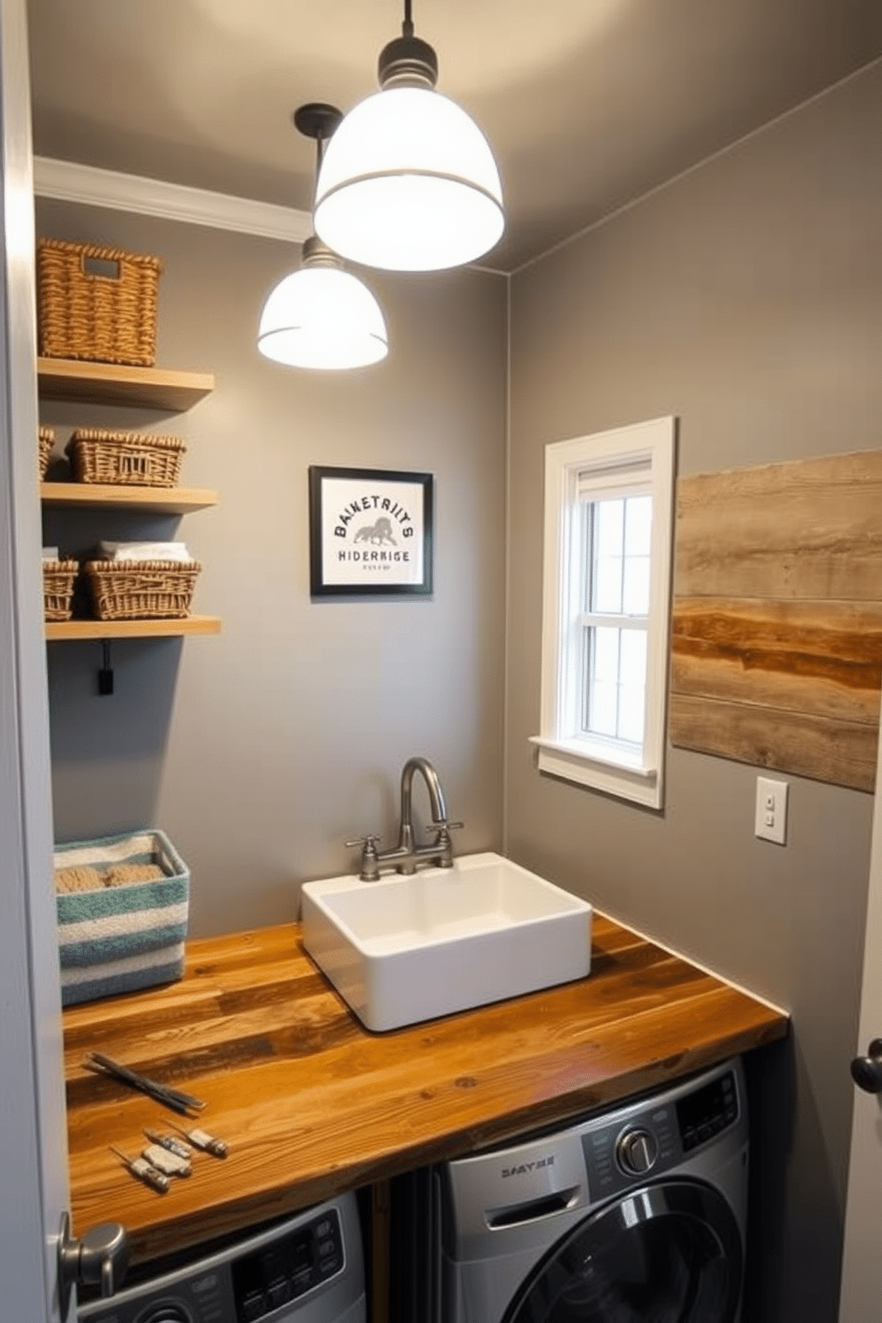 A cozy laundry room in the basement features reclaimed wood accents, adding warmth and character to the space. The walls are painted in a soft gray, complementing the rustic wooden shelves that hold neatly organized baskets and supplies. In the center of the room, a farmhouse-style sink sits atop a reclaimed wood countertop, providing both functionality and charm. Bright pendant lights hang from the ceiling, illuminating the area and creating a welcoming atmosphere for laundry tasks.