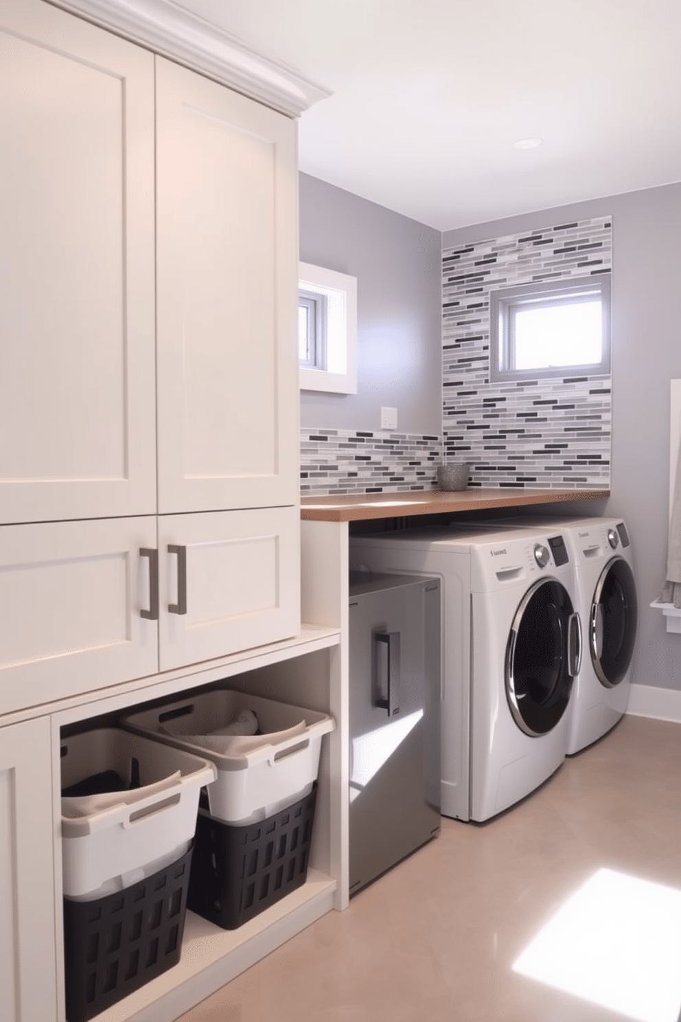 A modern laundry room featuring cabinetry that seamlessly integrates stylish laundry baskets. The space is illuminated by natural light streaming through a small window, highlighting the sleek design and functionality. The cabinetry is painted in a soft white finish, with built-in hampers in various sizes for sorting clothes. A countertop above the machines provides ample space for folding laundry, complemented by a backsplash of colorful tiles for a pop of personality.