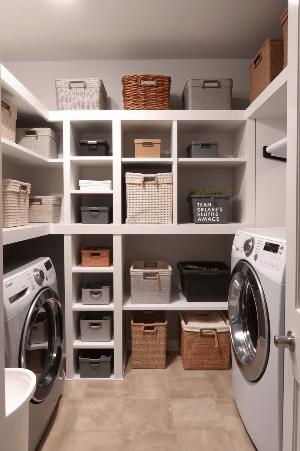 A modern laundry room in a basement featuring open shelving adorned with decorative storage bins in various textures and colors. The walls are painted in a light gray tone, and the floor is covered with durable, water-resistant tiles for easy maintenance.