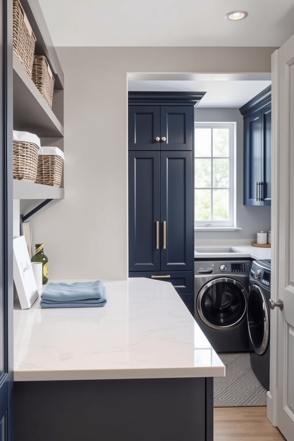 A stylish laundry folding station features a spacious countertop made of light-colored quartz, providing ample space for sorting and folding clothes. The walls are painted a soft gray, complemented by open shelving above the countertop for easy access to laundry supplies and decorative storage baskets. In the basement laundry room, sleek cabinetry in a deep navy blue offers a modern touch, while a vintage-style washing machine adds character. A large window allows natural light to flood the space, enhancing the inviting atmosphere and making laundry tasks more enjoyable.