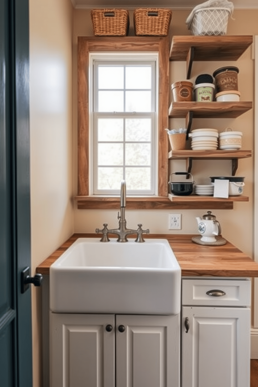 A vintage farmhouse sink is the centerpiece of the laundry room, paired with a sleek industrial-style faucet that adds a touch of modernity. The space features open shelving made of reclaimed wood, showcasing neatly arranged baskets and vintage laundry accessories against a backdrop of soft, muted colors. The walls are painted in a warm, creamy hue, complemented by a distressed wooden countertop that provides ample workspace. A large window allows natural light to flood the room, highlighting the rustic charm of the decor and the practicality of the layout.