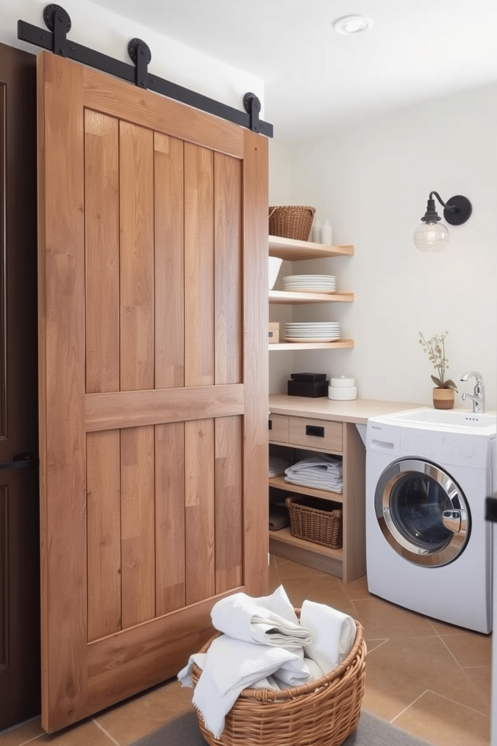 A charming farmhouse-style barn door made of reclaimed wood adds rustic character to the laundry room. The space features a functional layout with open shelving for storage, a farmhouse sink, and a washer and dryer tucked neatly away. The walls are painted in a soft, warm white, complemented by vintage-inspired lighting fixtures. A woven basket sits on the floor, filled with fresh linens, while a small potted plant adds a touch of greenery to the serene environment.