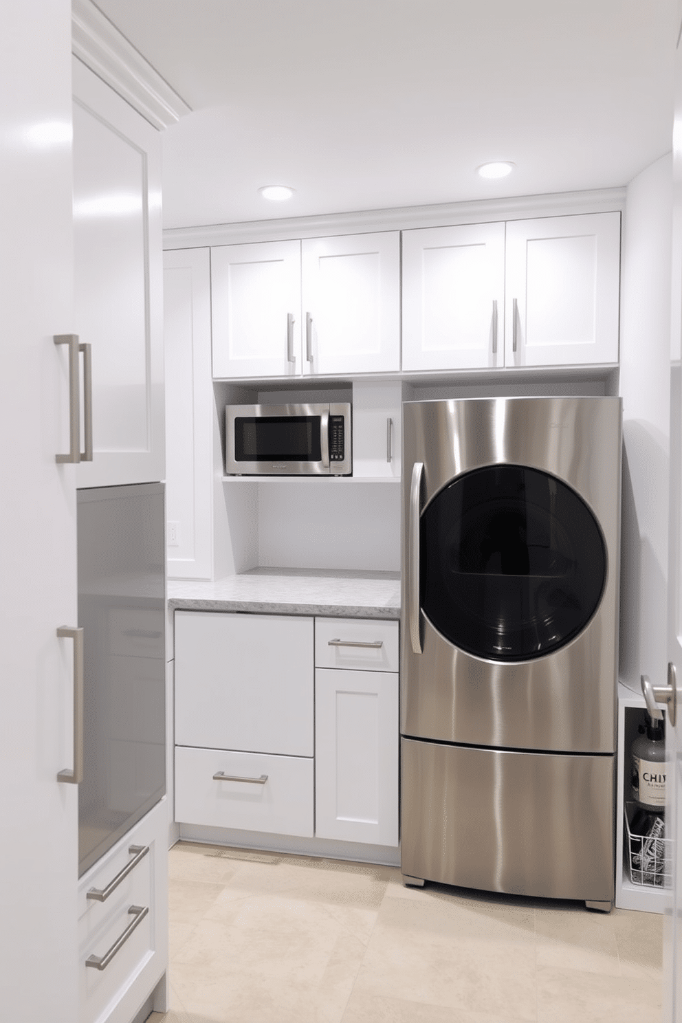 A modern laundry room in a basement featuring sleek, stainless steel appliances with a polished finish. The cabinetry is a crisp white with minimalist handles, and the countertops are a durable quartz in a light gray tone. The space is illuminated by recessed lighting, creating a bright and inviting atmosphere. A stylish folding station is integrated into the design, complemented by organized storage solutions for laundry essentials.