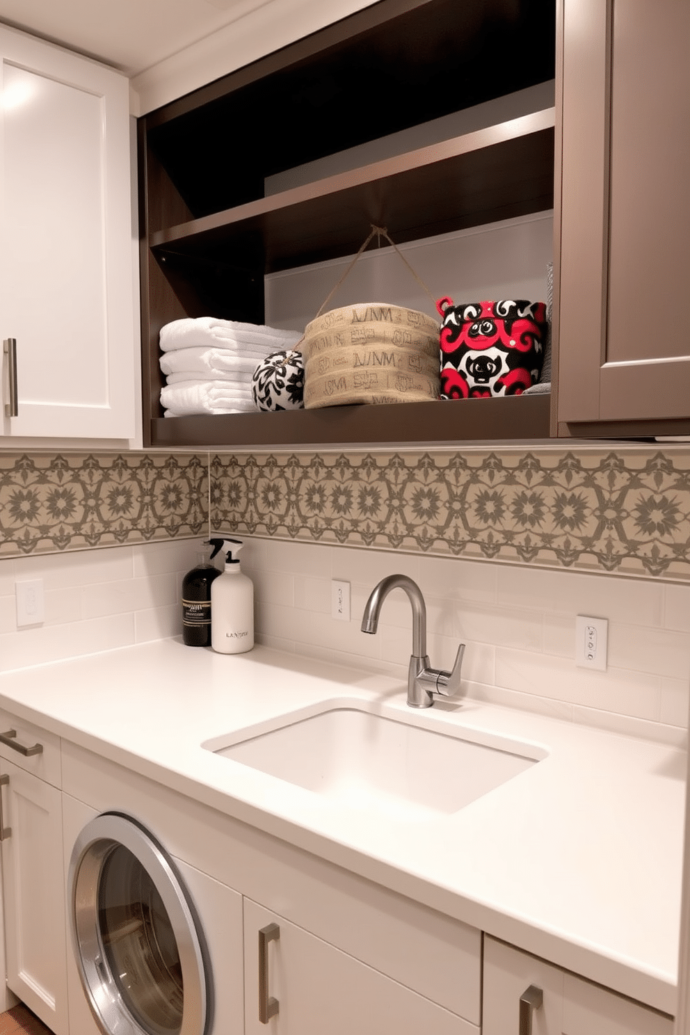 A functional laundry room featuring a utility sink with a stylish tiled backsplash, showcasing intricate patterns that add visual interest. The space is illuminated by bright overhead lighting, enhancing the clean lines of the cabinetry and the organized layout of laundry essentials.