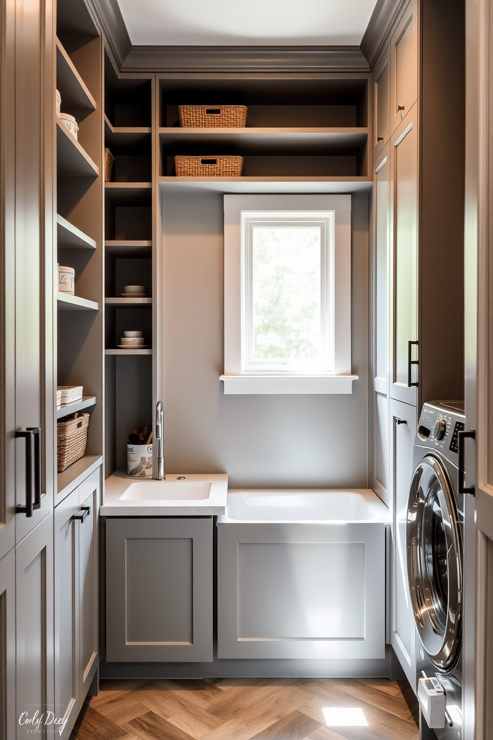 A hidden pet washing station is seamlessly integrated into the laundry room, featuring a sleek, built-in tub with a retractable faucet. The surrounding cabinetry is crafted in a soft gray finish, providing ample storage for pet supplies and keeping the space organized. The laundry room is designed with a modern aesthetic, showcasing a combination of open shelving and closed cabinets for a tidy appearance. Natural light floods the room through a small window, highlighting the durable, water-resistant flooring that complements the overall decor.