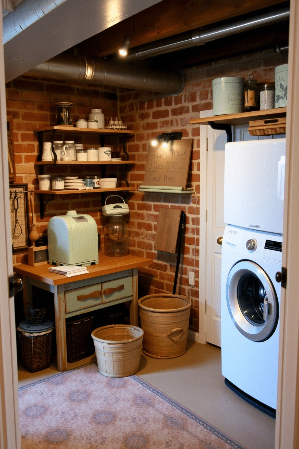 A cozy laundry room in a basement featuring vintage decor elements that evoke nostalgia. The space includes a distressed wooden workbench, retro-style appliances in pastel colors, and shelves adorned with antique jars and vintage laundry accessories. Soft, warm lighting illuminates the room, highlighting the rustic charm of exposed brick walls. A patterned area rug adds comfort underfoot, while a collection of old-fashioned laundry baskets completes the inviting atmosphere.