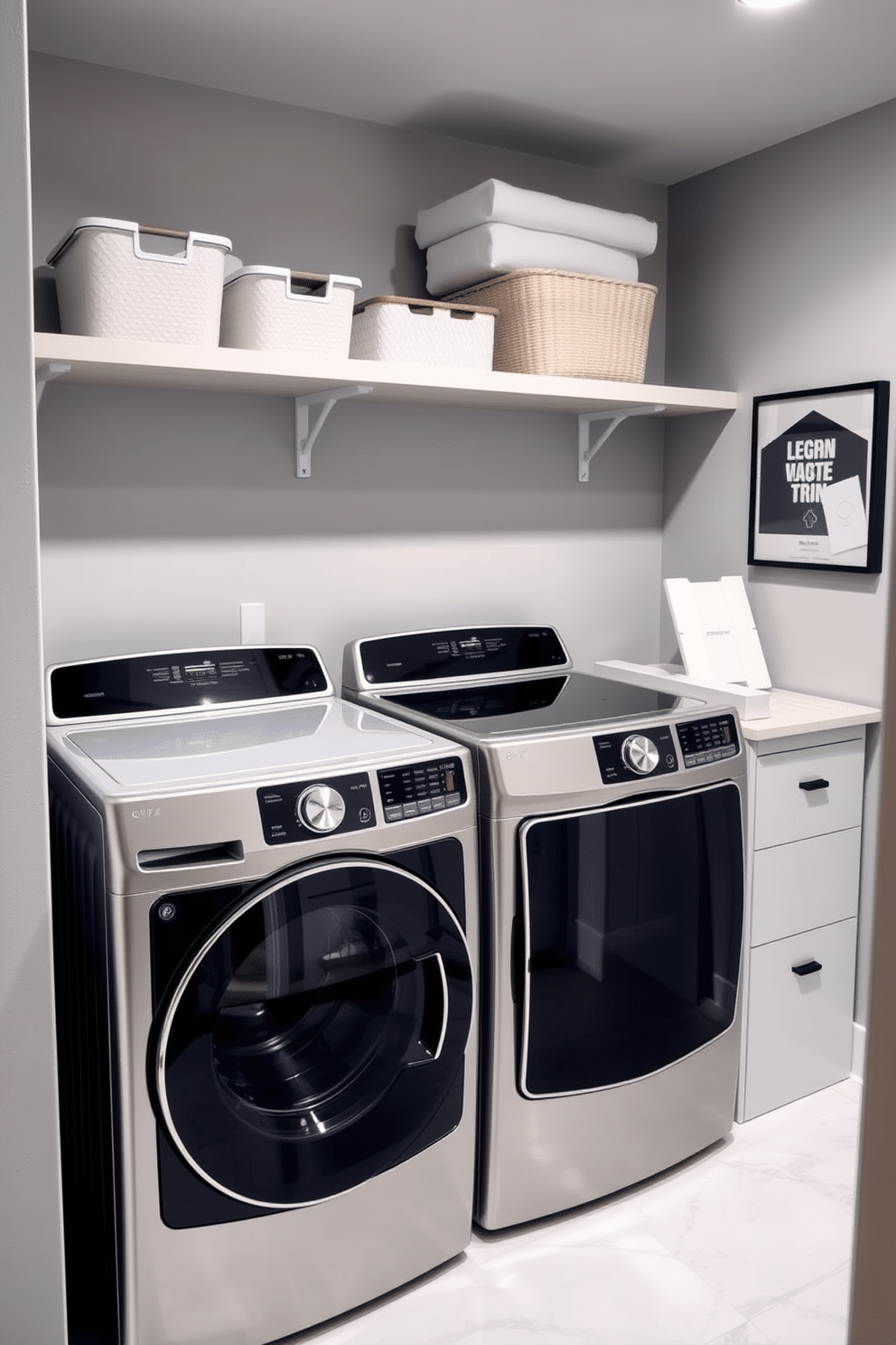 A modern laundry room in a basement, featuring smart home technology for efficiency. The space includes a sleek washing machine and dryer, integrated with a touchscreen control panel for remote operation. The walls are painted in a soft gray, while the floor is covered with durable, water-resistant vinyl. Shelving above the appliances holds neatly organized laundry supplies, and a small folding station is set against one wall for convenience.