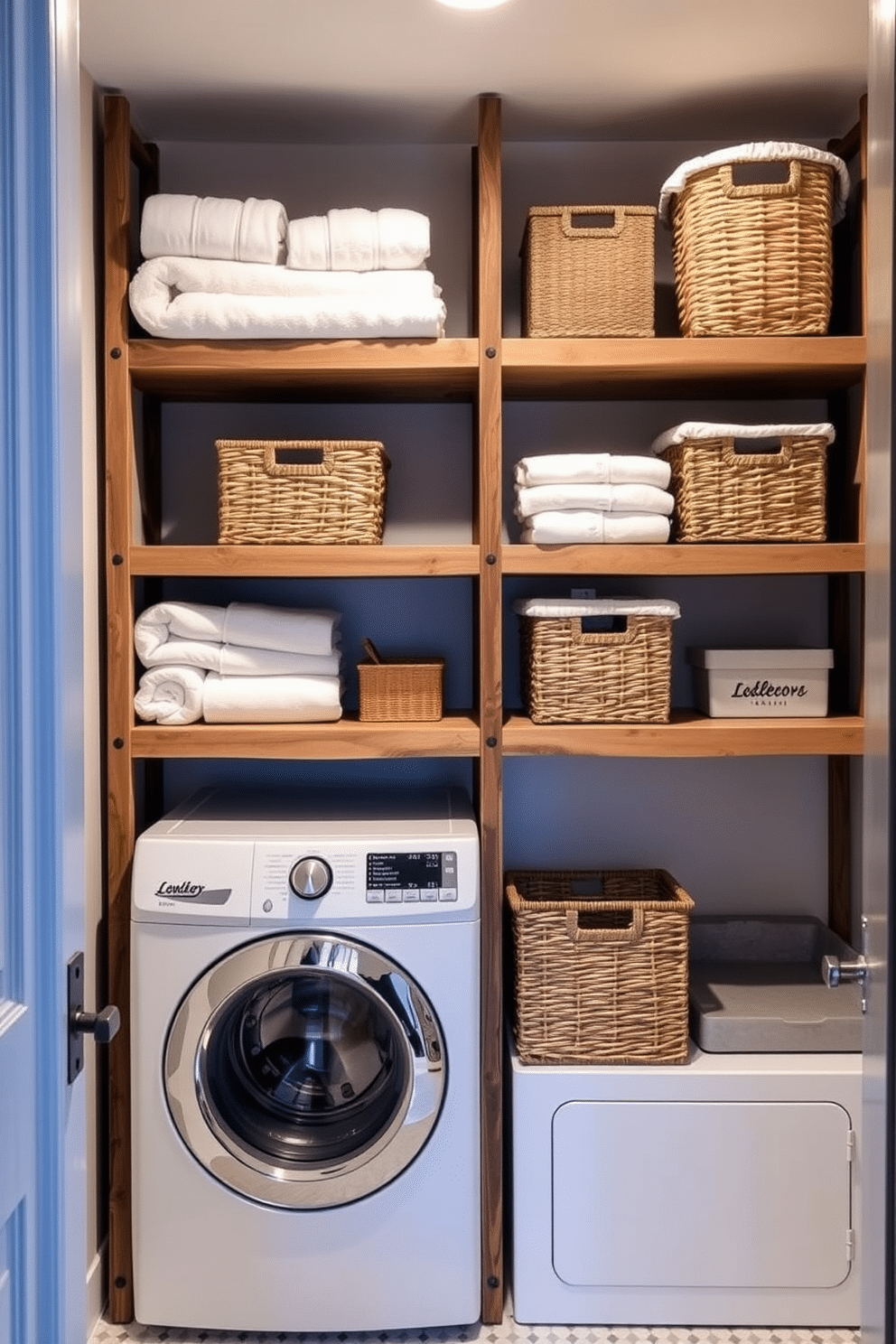 A functional laundry room in a basement featuring ladder shelving that maximizes vertical storage. The shelves are made of reclaimed wood, adorned with neatly folded towels and stylish baskets for organization.