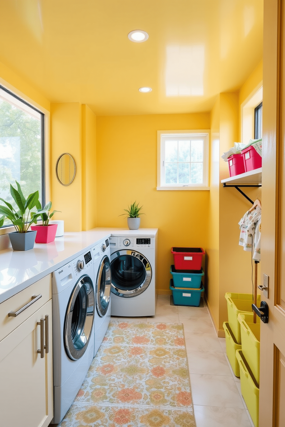 A vibrant laundry room in the basement features bright yellow walls that instantly uplift the mood. The space includes a modern washer and dryer set, surrounded by colorful storage bins and a cheerful patterned rug. The countertops are a glossy white, providing a clean contrast to the bold colors. A large window allows natural light to flood in, enhancing the lively atmosphere with fresh greenery displayed on the sill.